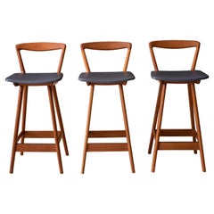 Set of Three Vintage Danish Teak Bar Stools by Henry Rosengren Hansen