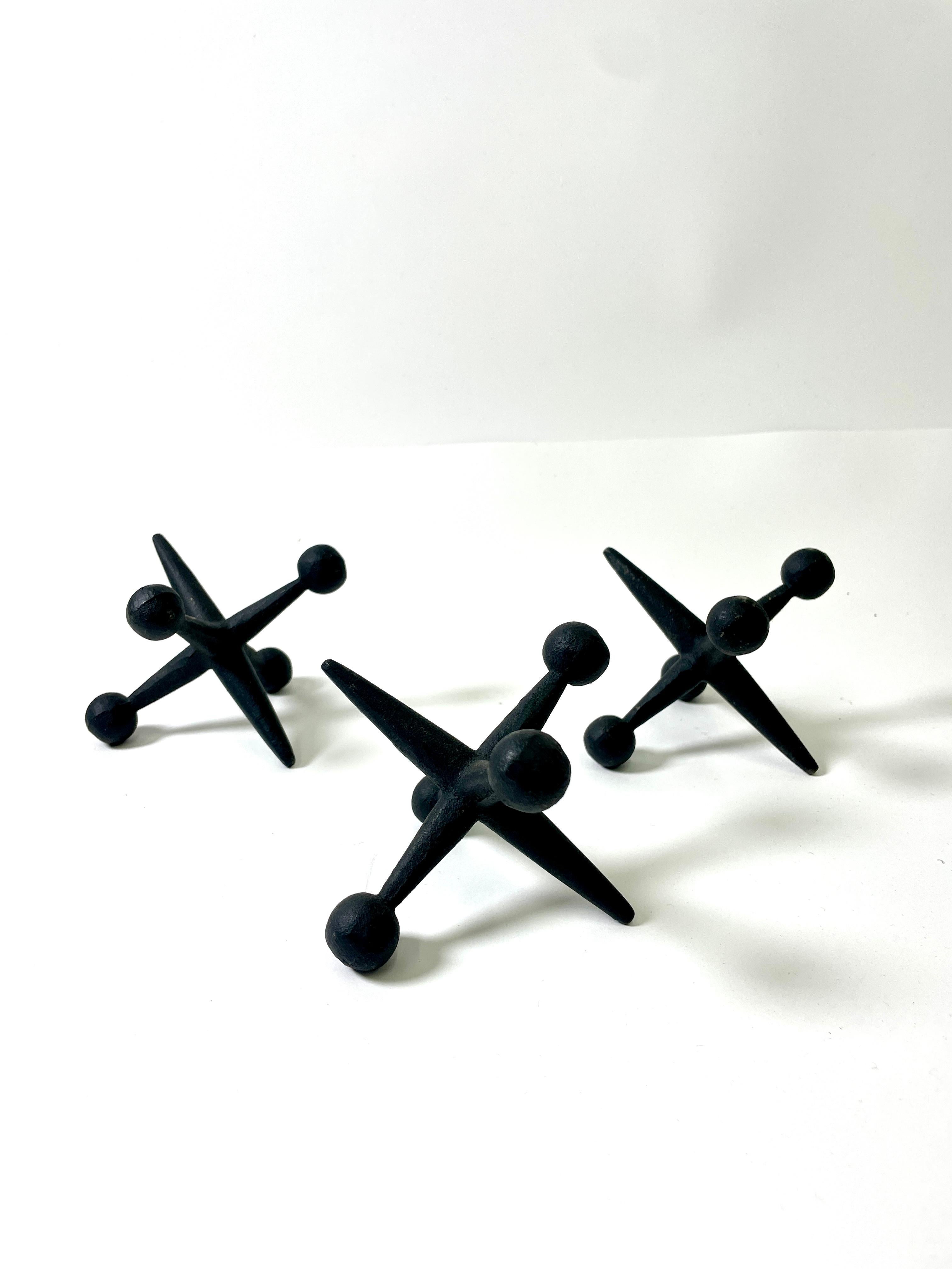 Set of Three Vintage Decorative Jacks made of iron with black lacque For Sale
