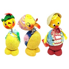 Set of Three Antique Duck Easter Candy Container Bobble Head, German, 1950s