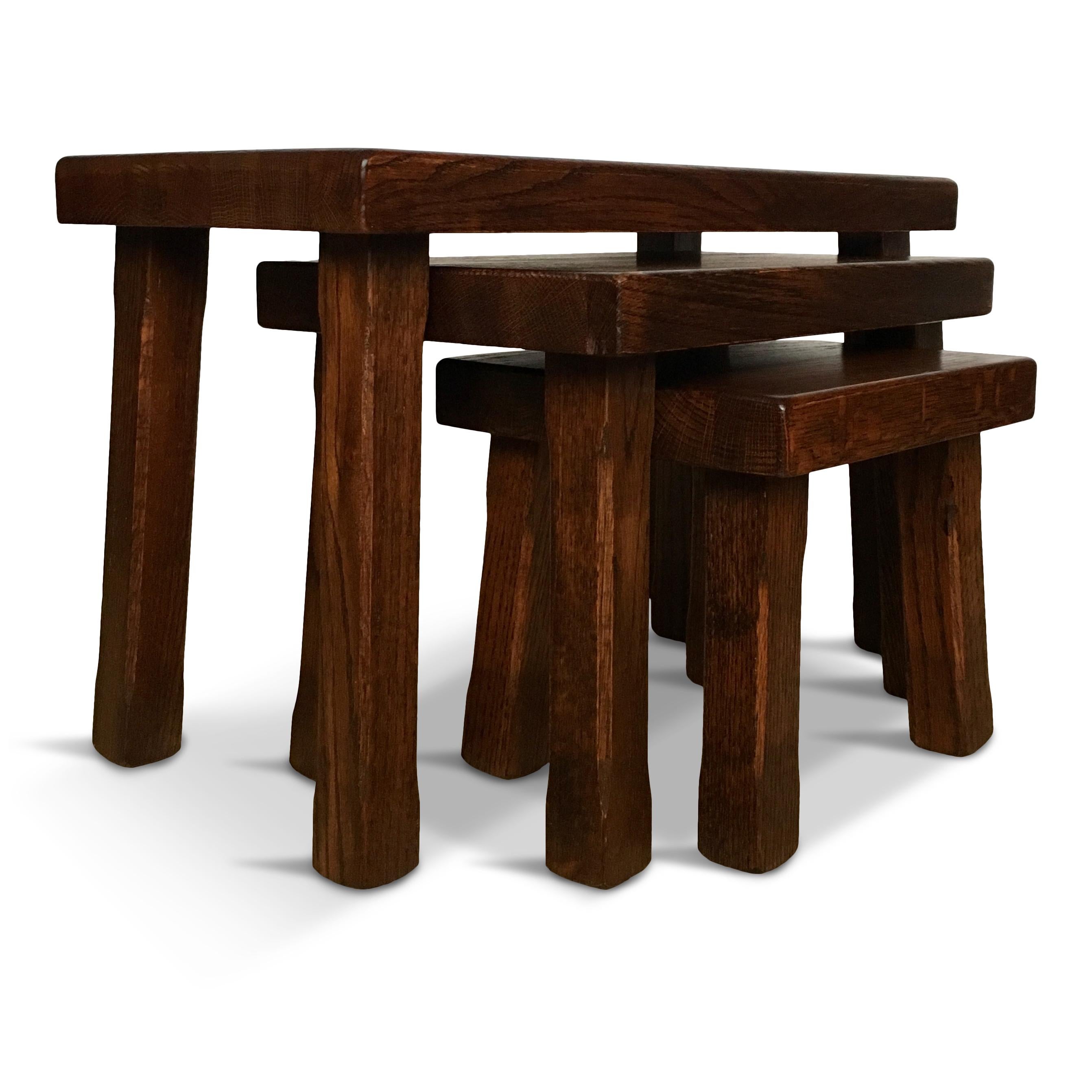 Set of Three Vintage Dutch Solid Oak Nesting Tables or Benches, 1970s For Sale 1