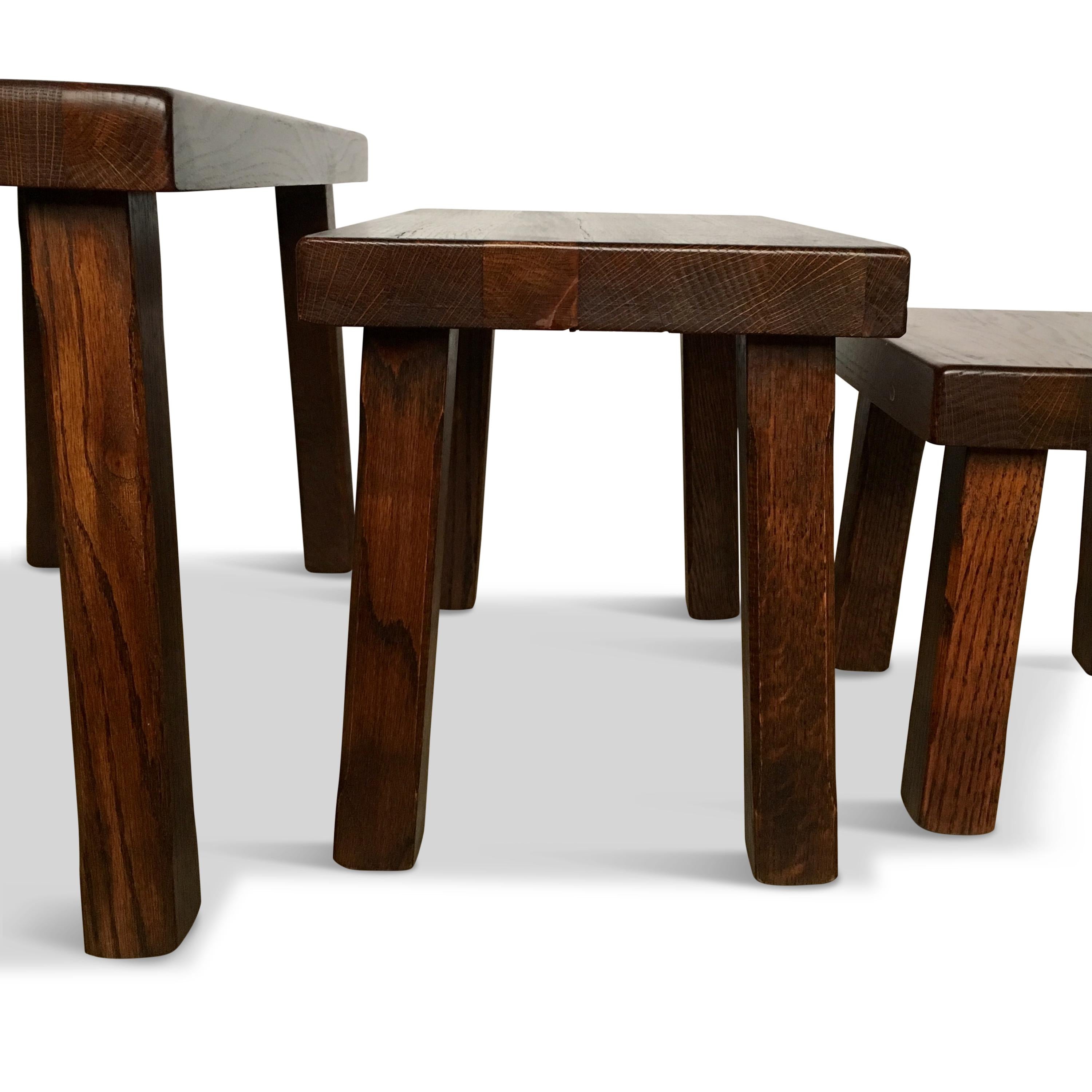 Set of Three Vintage Dutch Solid Oak Nesting Tables or Benches, 1970s For Sale 2