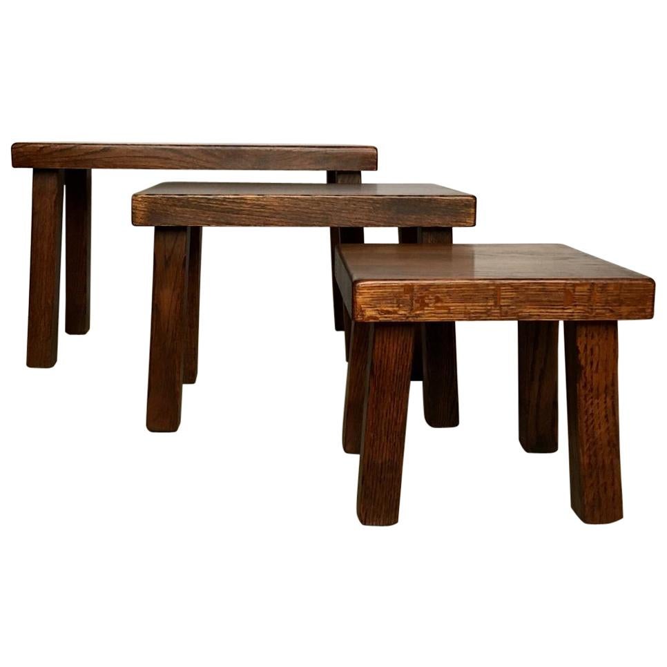 Set of Three Vintage Dutch Solid Oak Nesting Tables or Benches, 1970s For Sale