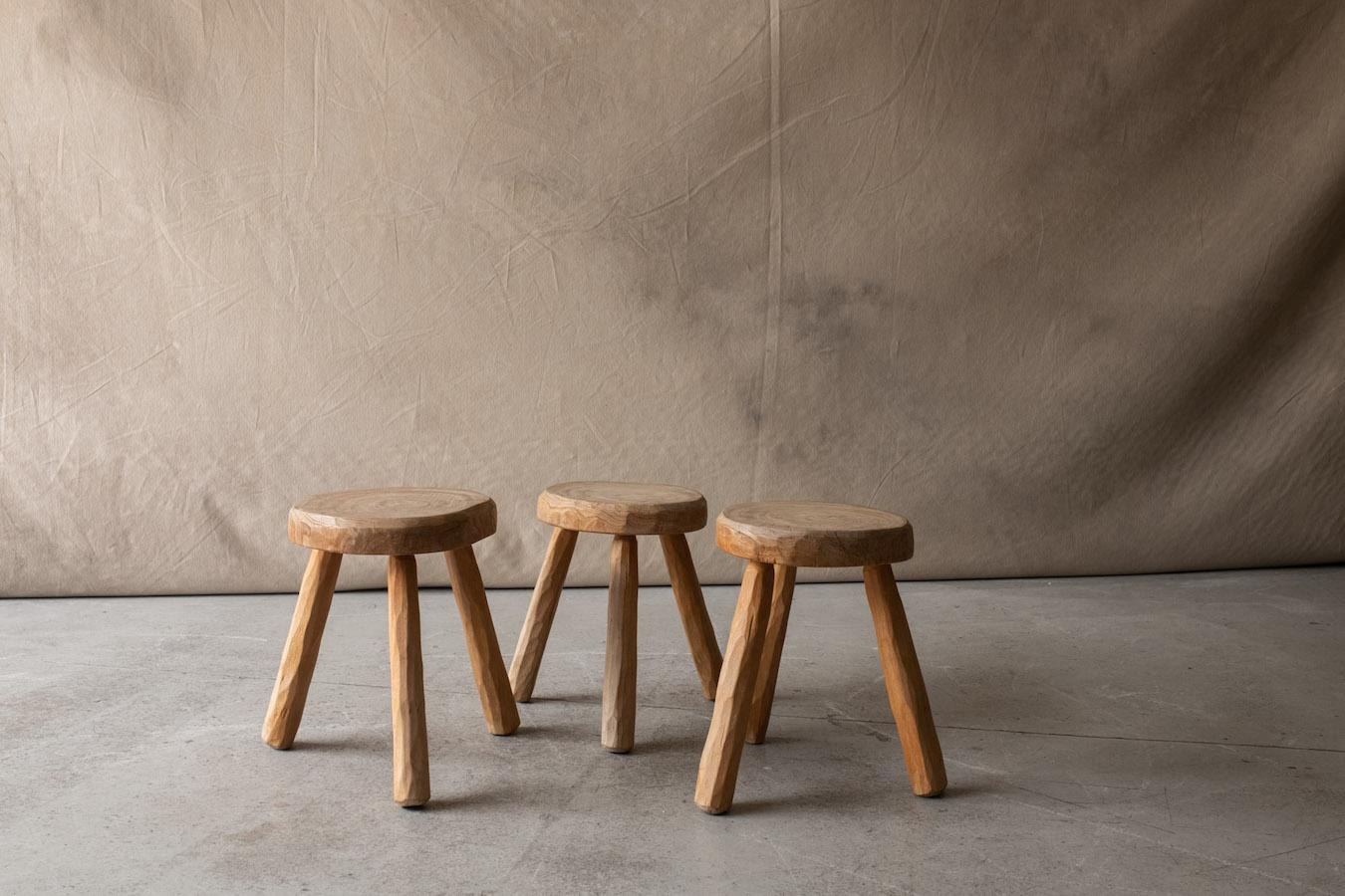 Vintage set of three elm stools from France, Circa 1960.  Solid elm construction with light wear and use.  

We don't have the time to write an extensive description on each of our pieces. We prefer to speak directly with our clients.  So, If you