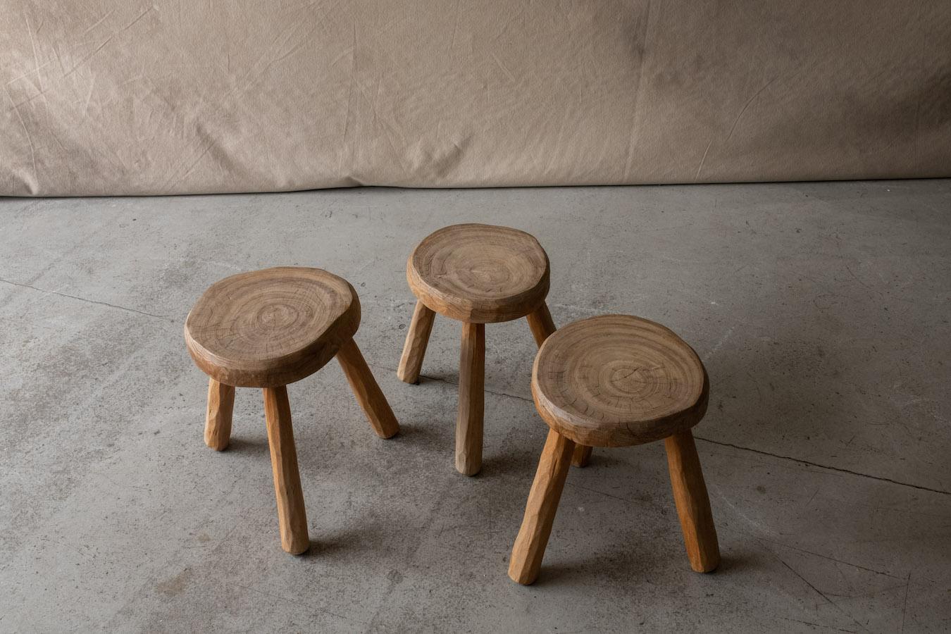 European Set Of Three Vintage Elm Stools From France, Circa 1960