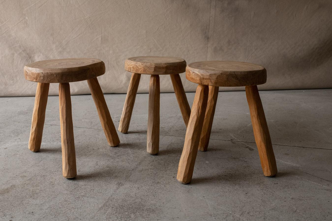 Mid-20th Century Set Of Three Vintage Elm Stools From France, Circa 1960