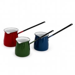 Dreier-Set Vintage-Butterwärmer aus emailliertem Stahl, farbenfroh, 1970