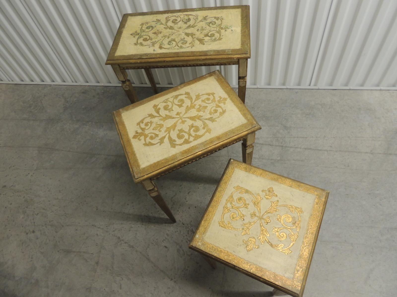Hollywood Regency Set of Three Vintage Florentine Gold Leaf Nesting Tables