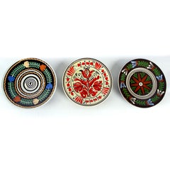 Set Of Three Vintage Folk Art Ceramic Wall Plates, Czechoslovakia & Romania, 195