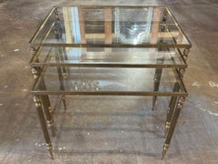 Set of Three Vintage French Brass and Glass Nesting Tables
