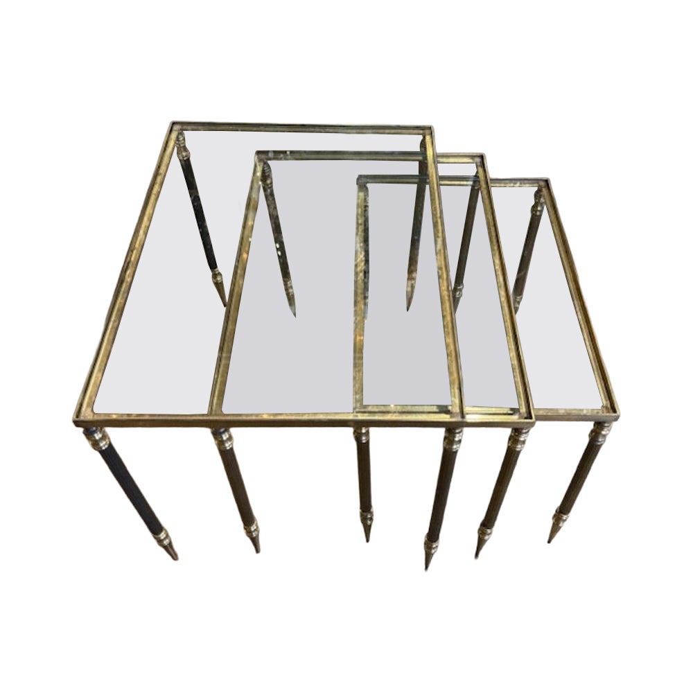 Set of Three Vintage French Brass and Glass Nesting Tables For Sale