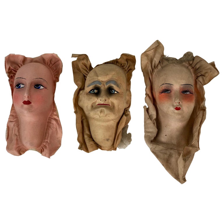 Lot Rare De 2 Têtes De Poupée De Salon – Années 1930 – Tissu Paillettes – 10 Cm – Mode