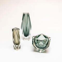 Set of Three Vintage Geometric Murano Glass Vases, Grey and Black, Flavio Poli