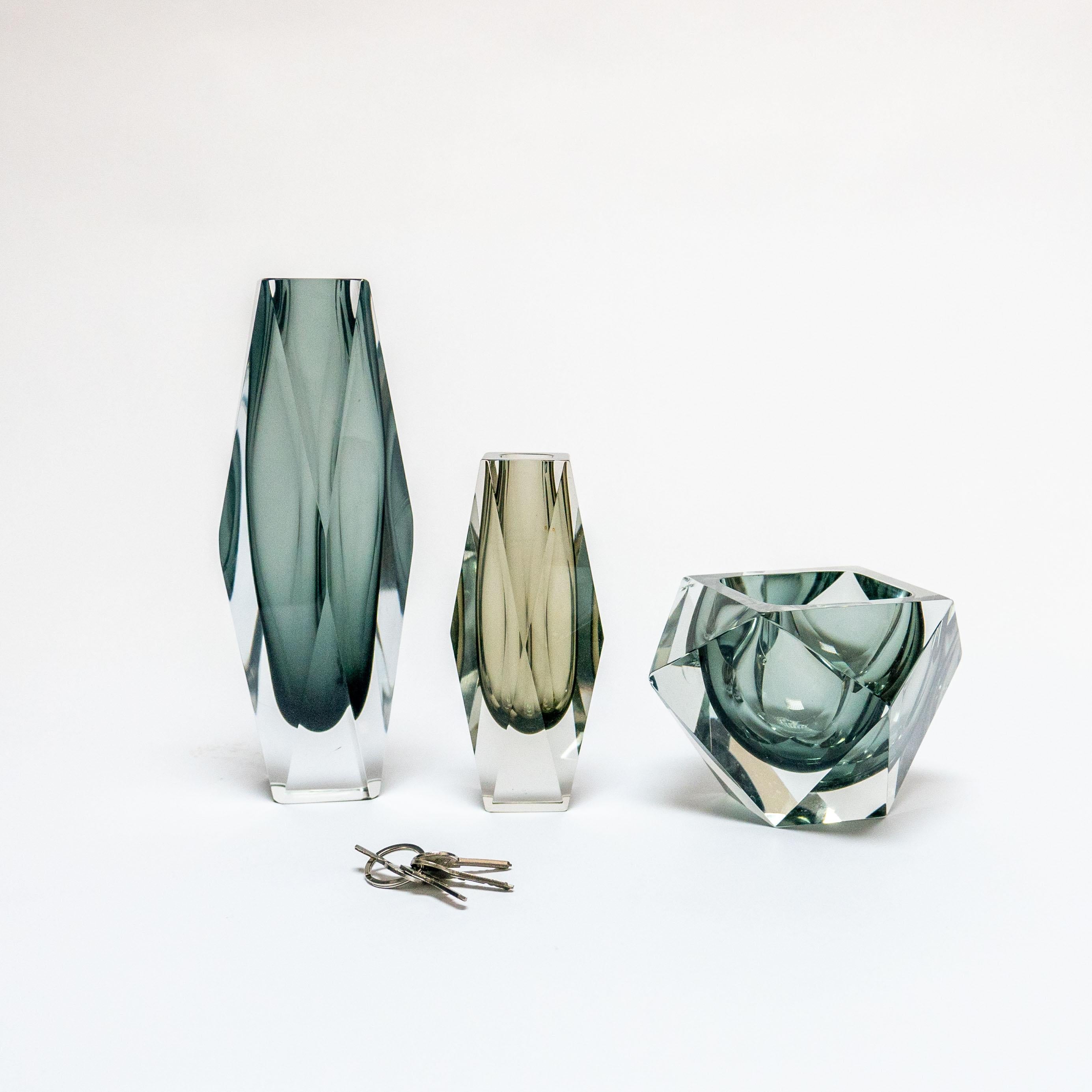 Set of Three Vintage Geometric Murano Glass Vases, Grey and Black, Flavio Poli In Good Condition For Sale In Milano, IT