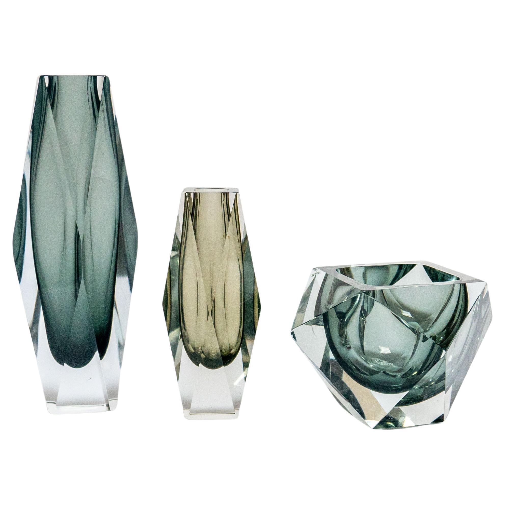 Set of Three Vintage Geometric Murano Glass Vases, Grey and Black, Flavio Poli