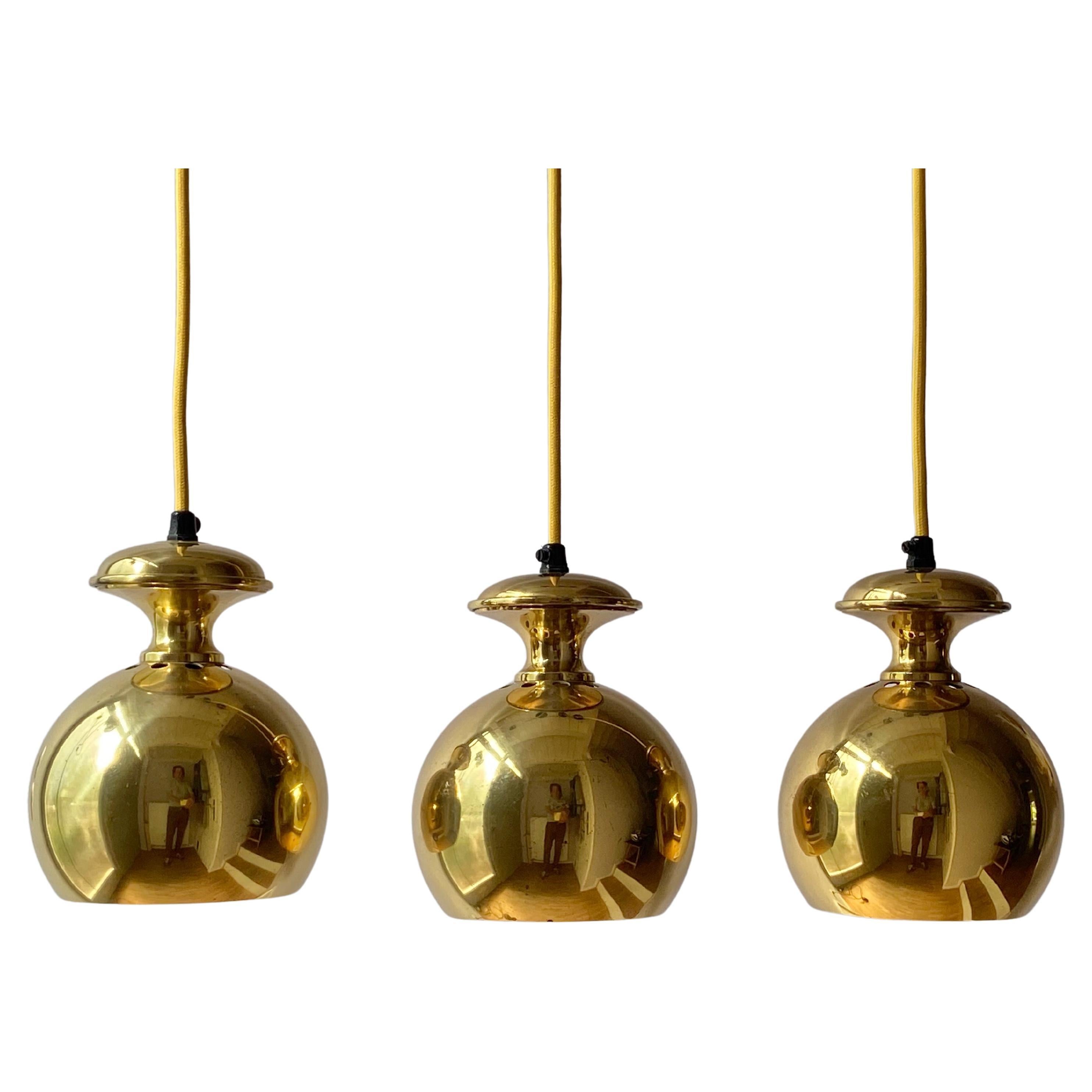 Set of Three Vintage Golden Bell Scandi-Lamp Pendant Lamps 1960's Denmark