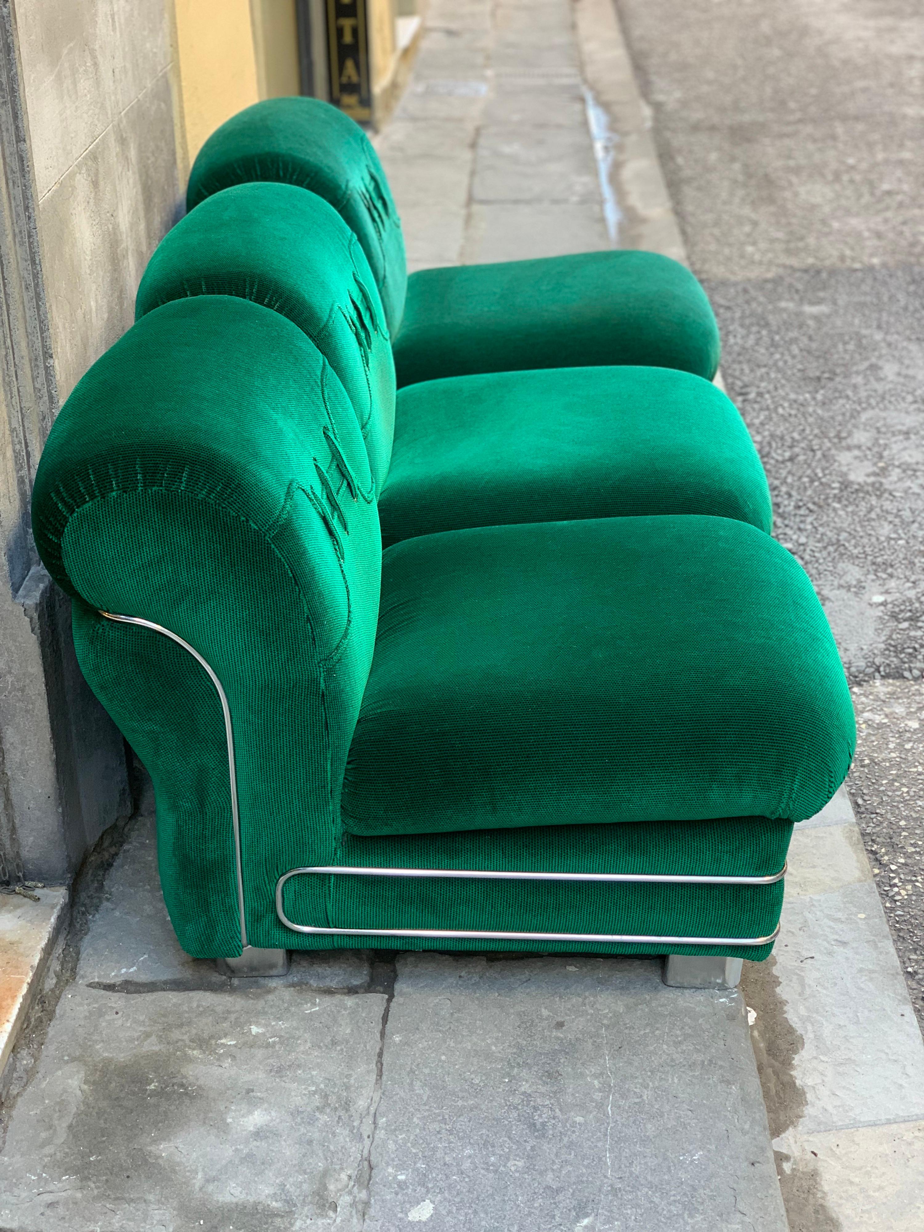 Mid-Century Modern Set of Three Vintage Green Armchairs with Chrome Details, 1970s