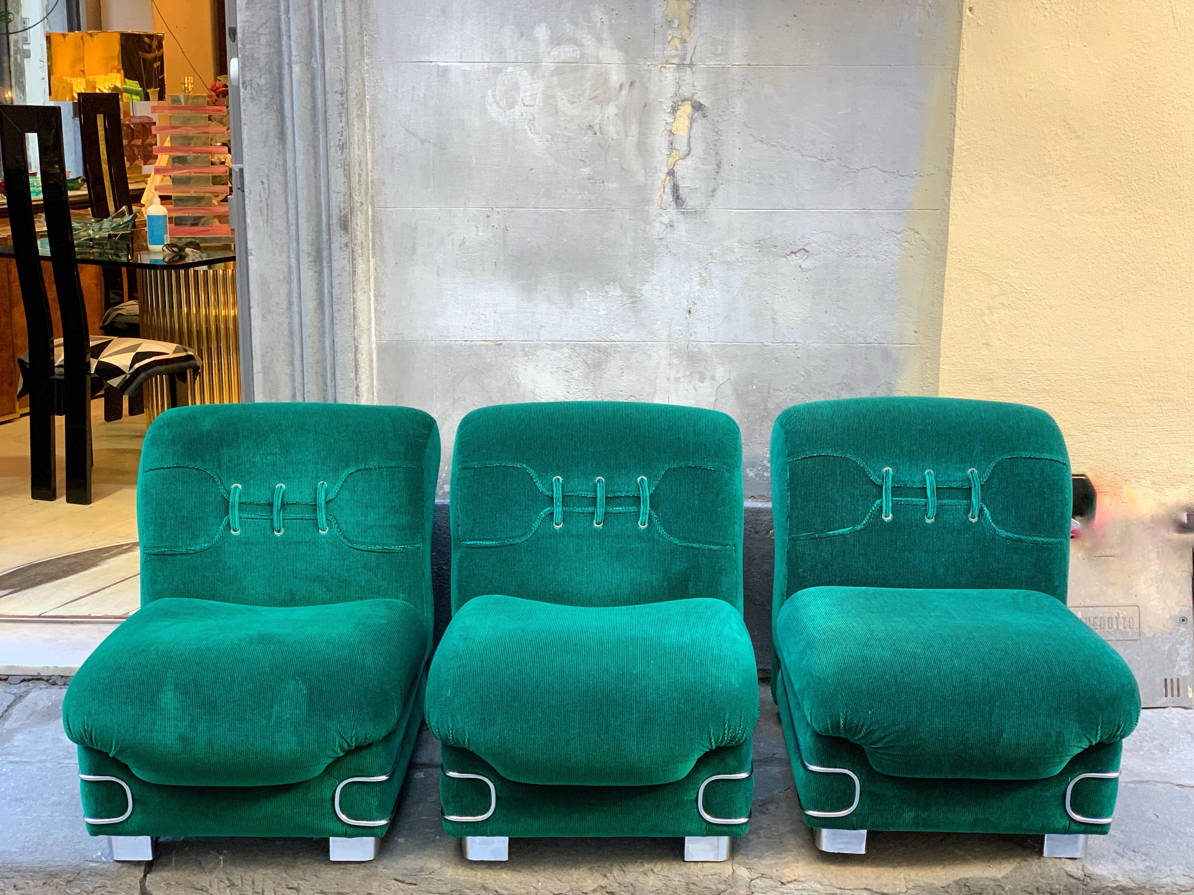 Italian Set of Three Vintage Green Armchairs with Chrome Details, 1970s