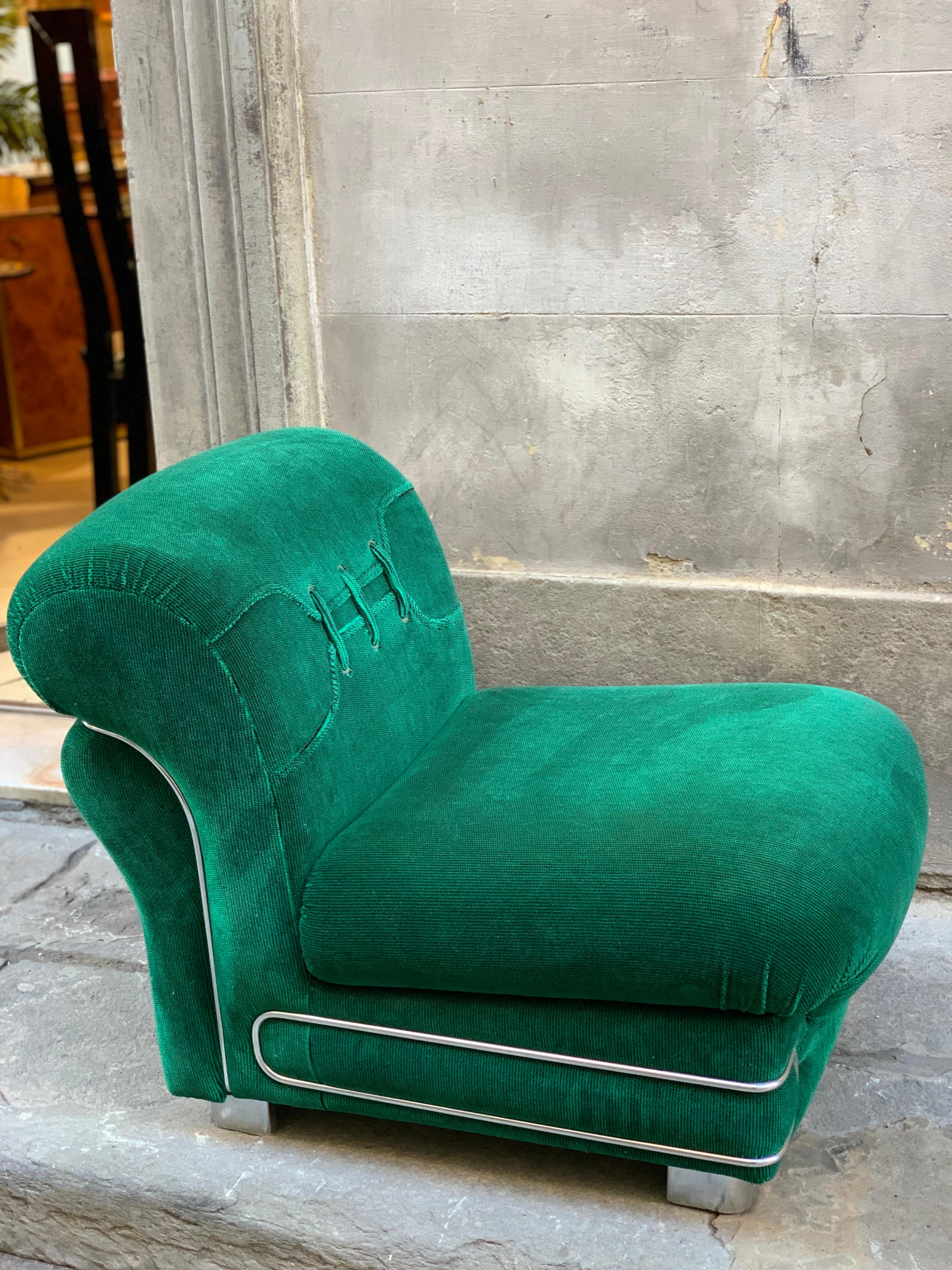 Set of Three Vintage Green Armchairs with Chrome Details, 1970s In Excellent Condition In Florence, IT