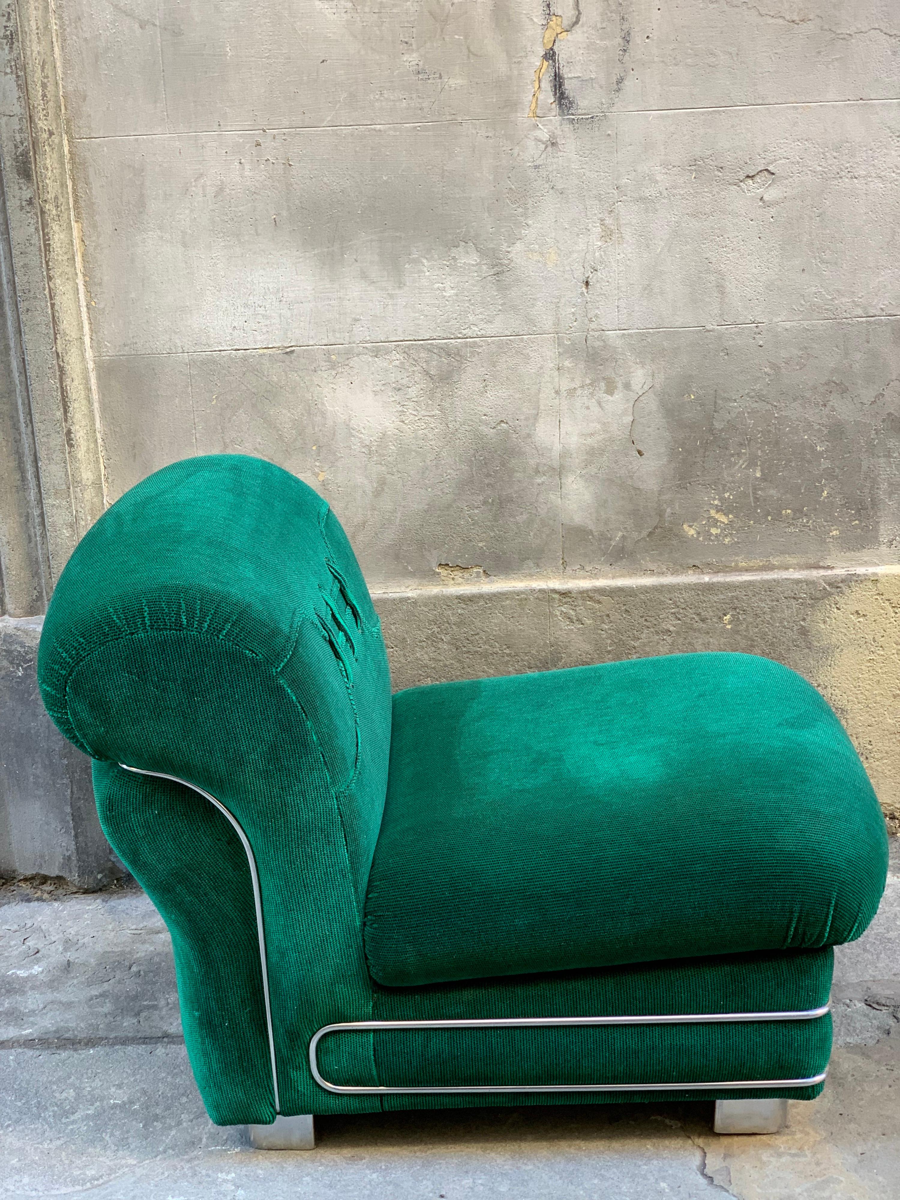 Late 20th Century Set of Three Vintage Green Armchairs with Chrome Details, 1970s