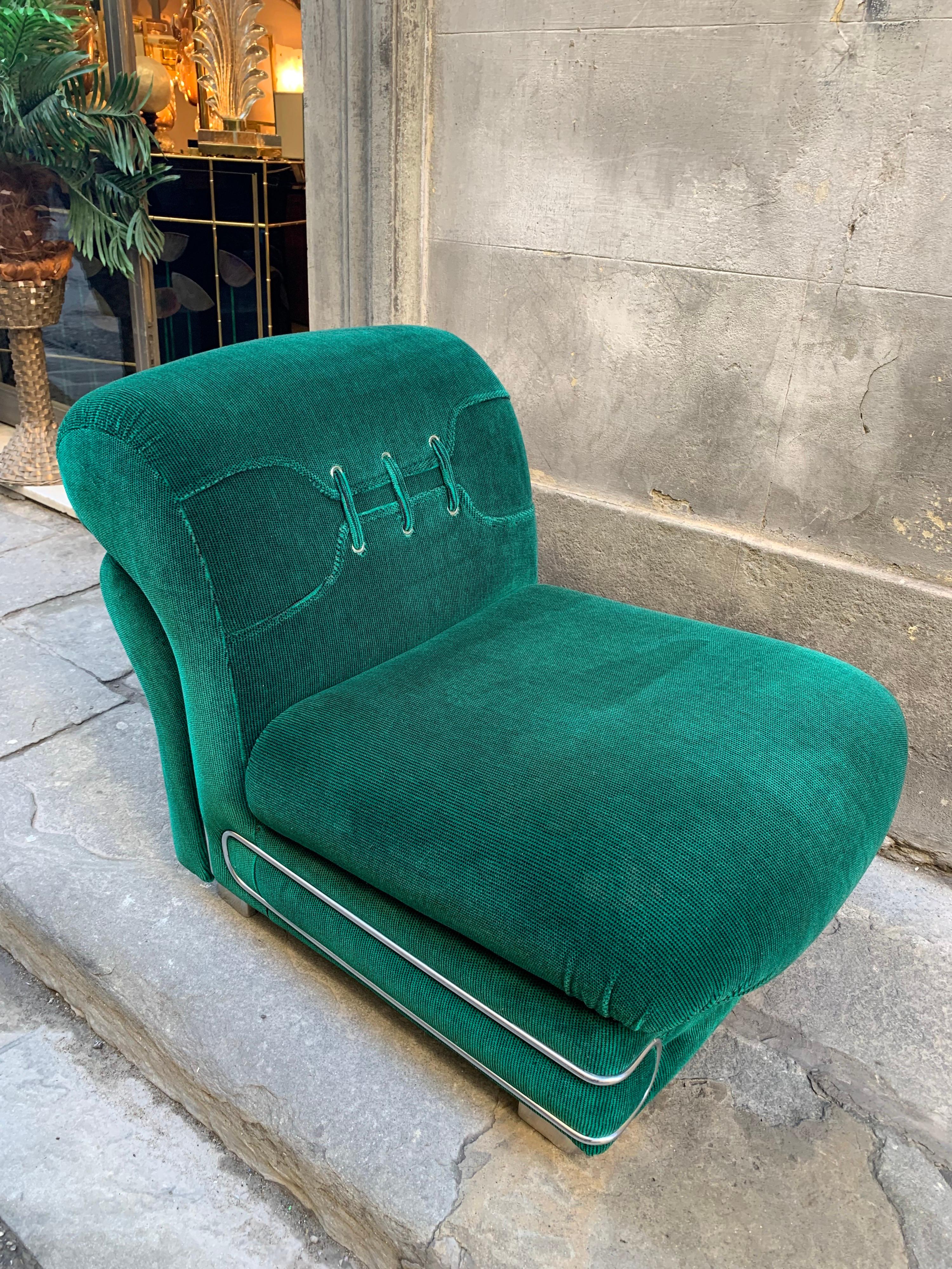 Velvet Set of Three Vintage Green Armchairs with Chrome Details, 1970s