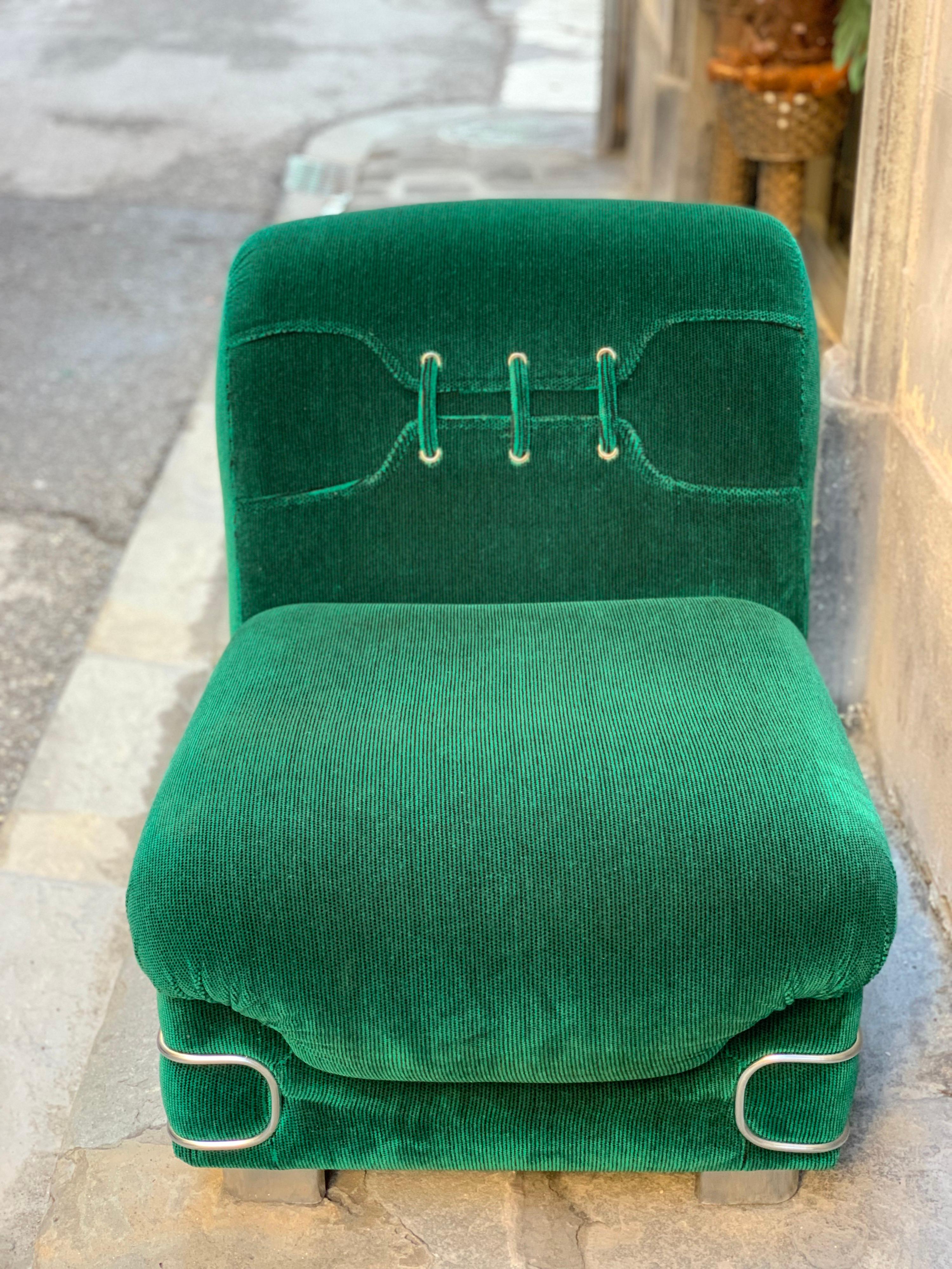 Set of Three Vintage Green Armchairs with Chrome Details, 1970s 2