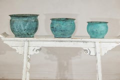 Set of Three Vintage Indian Copper Cachepots with Aged Turquoise Patina