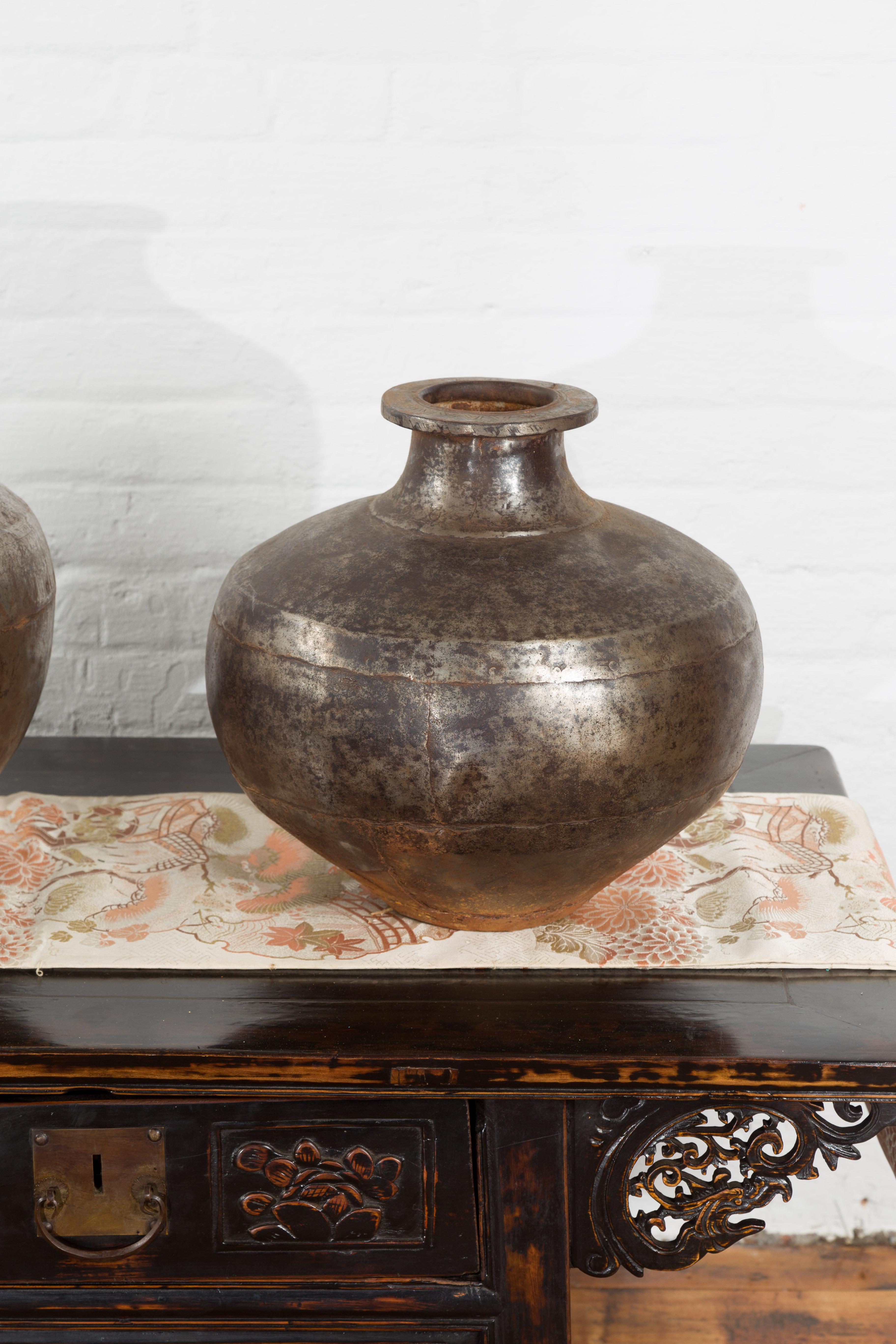 Set of Three Vintage Indian Metal Vessels with Weathered Patina For Sale 7