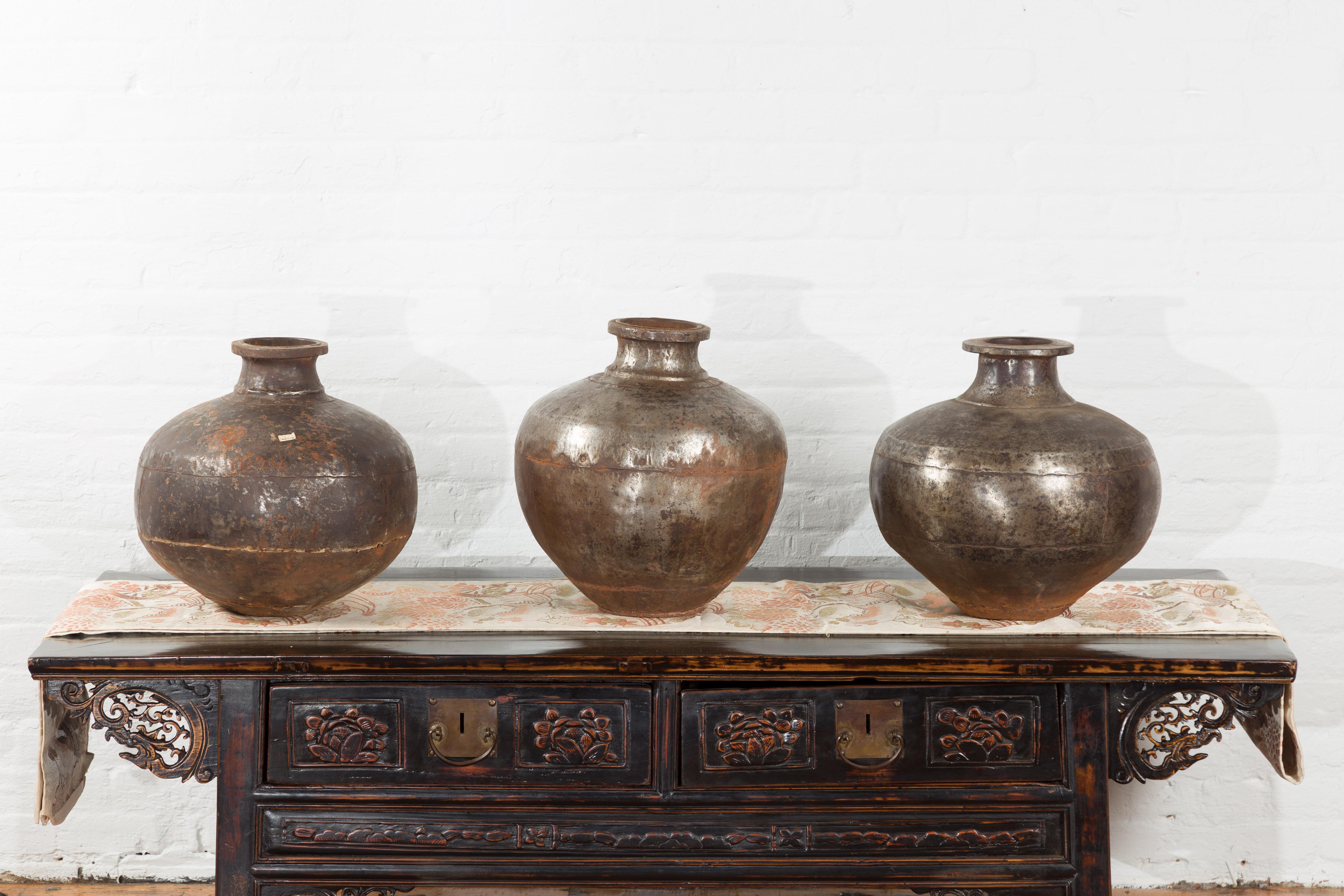 Set of Three Vintage Indian Metal Vessels with Weathered Patina For Sale 11