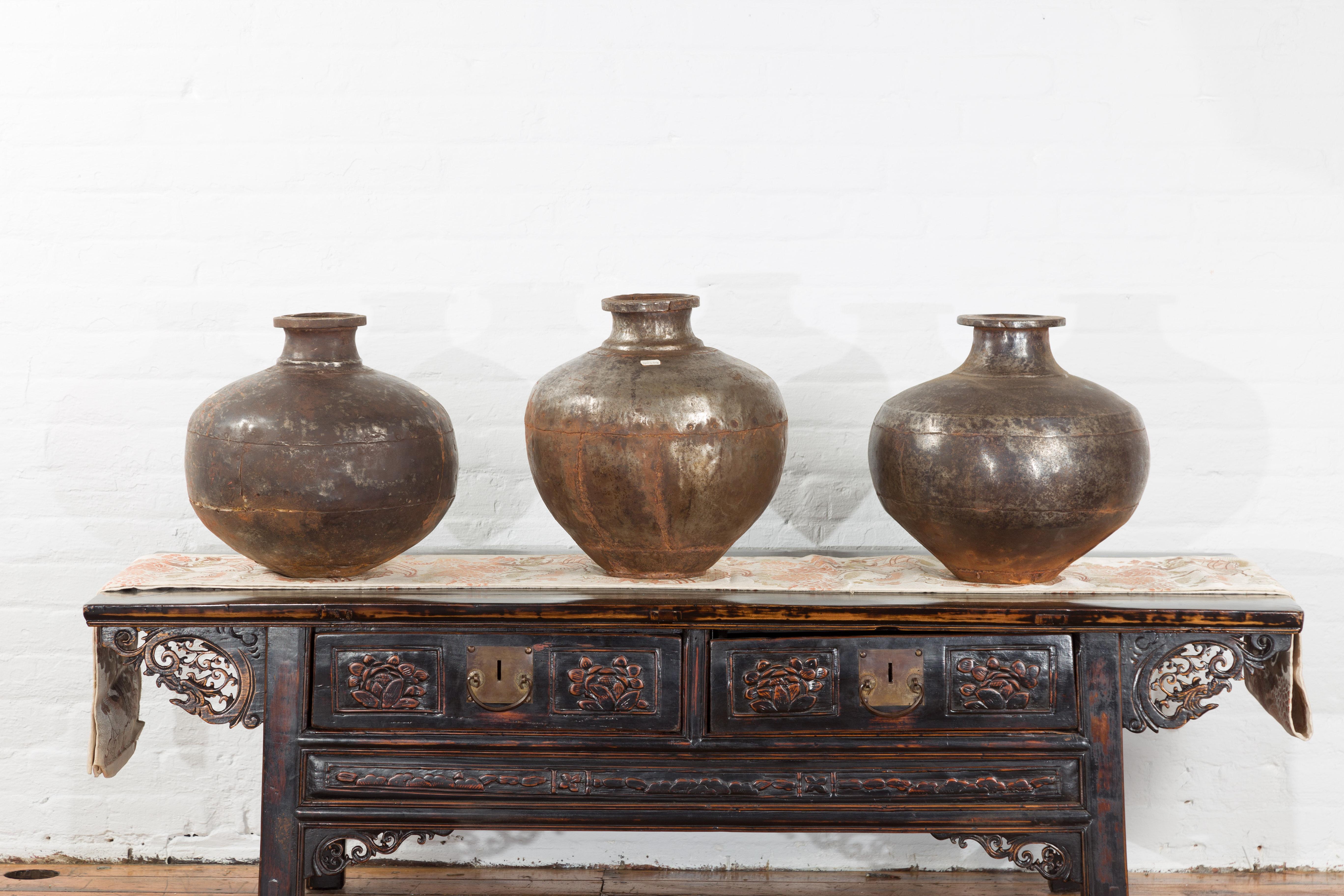 Set of Three Vintage Indian Metal Vessels with Weathered Patina For Sale 12