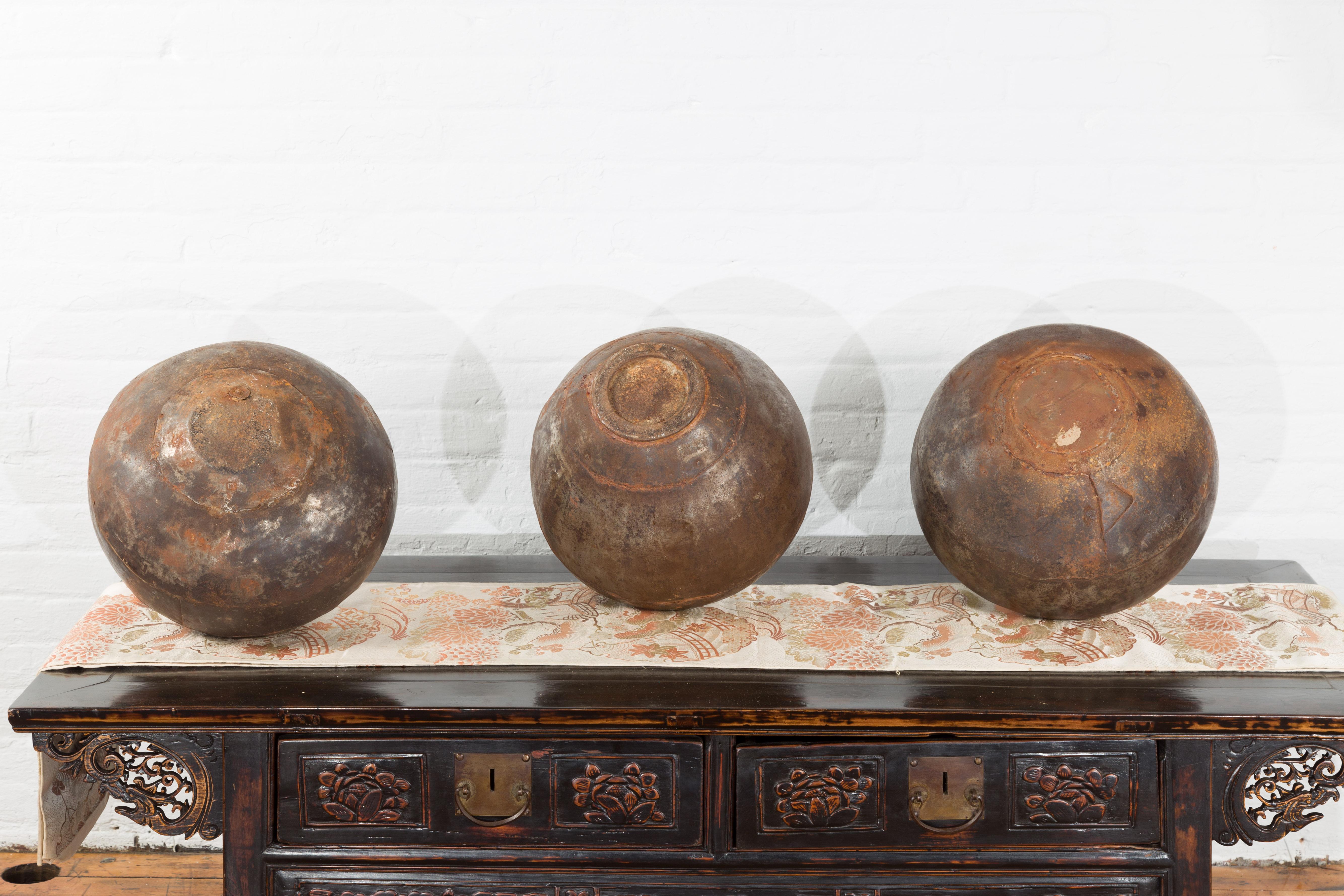 Set of Three Vintage Indian Metal Vessels with Weathered Patina For Sale 13