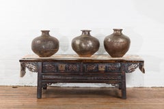 Set of Three Vintage Indian Metal Vessels with Weathered Patina
