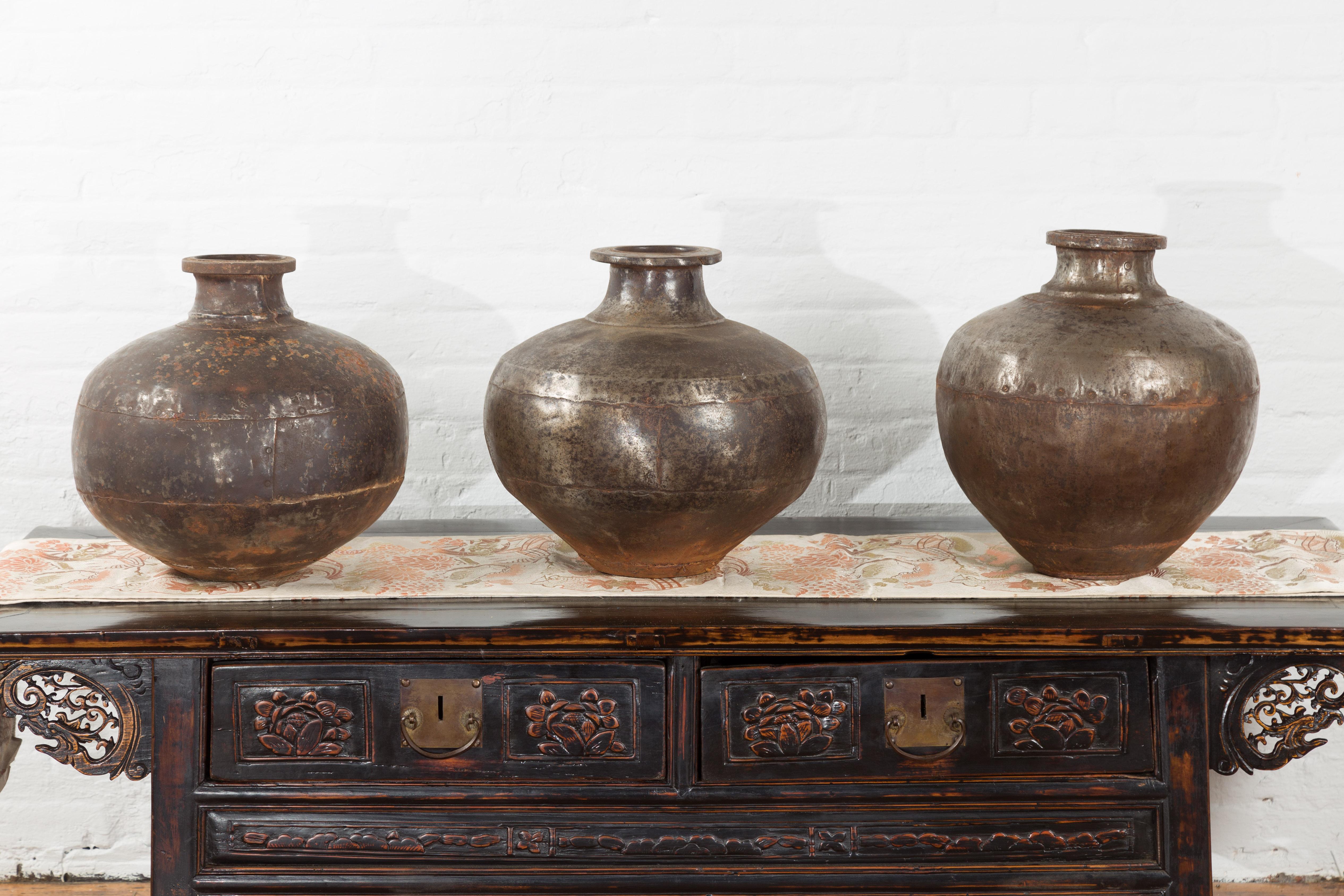 Set of Three Vintage Indian Metal Vessels with Weathered Patina In Good Condition For Sale In Yonkers, NY