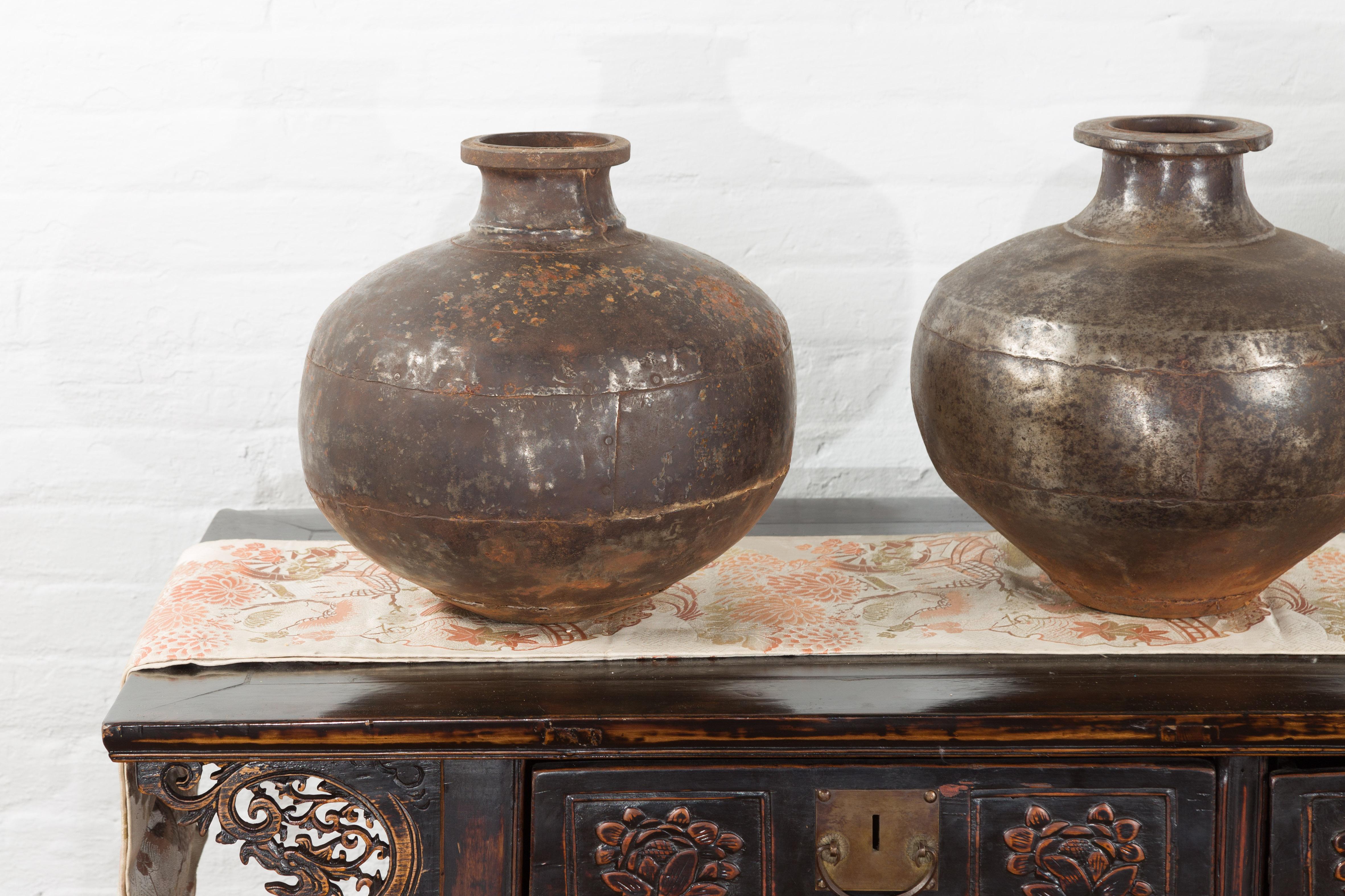 20th Century Set of Three Vintage Indian Metal Vessels with Weathered Patina For Sale