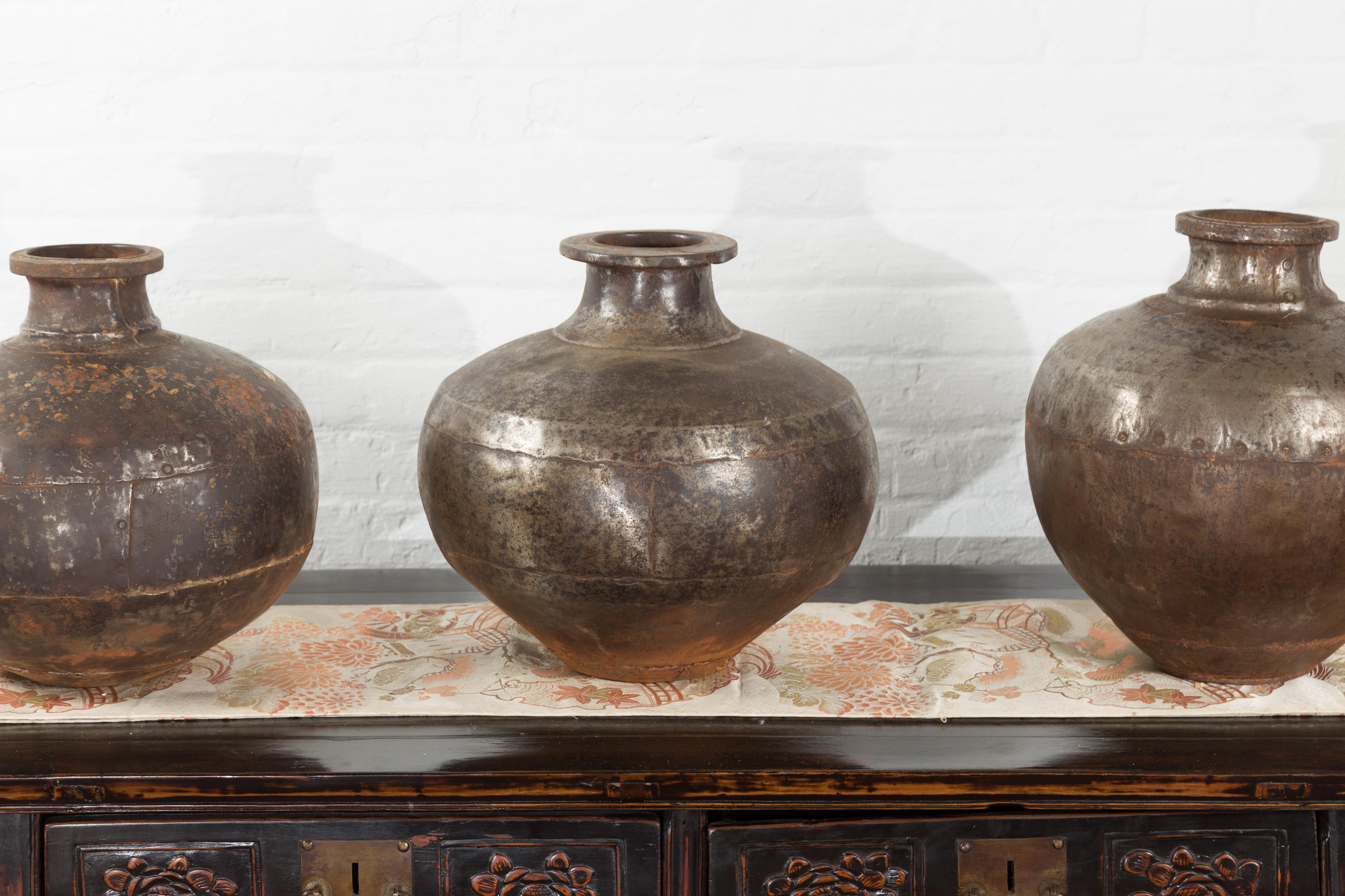Set of Three Vintage Indian Metal Vessels with Weathered Patina For Sale 1