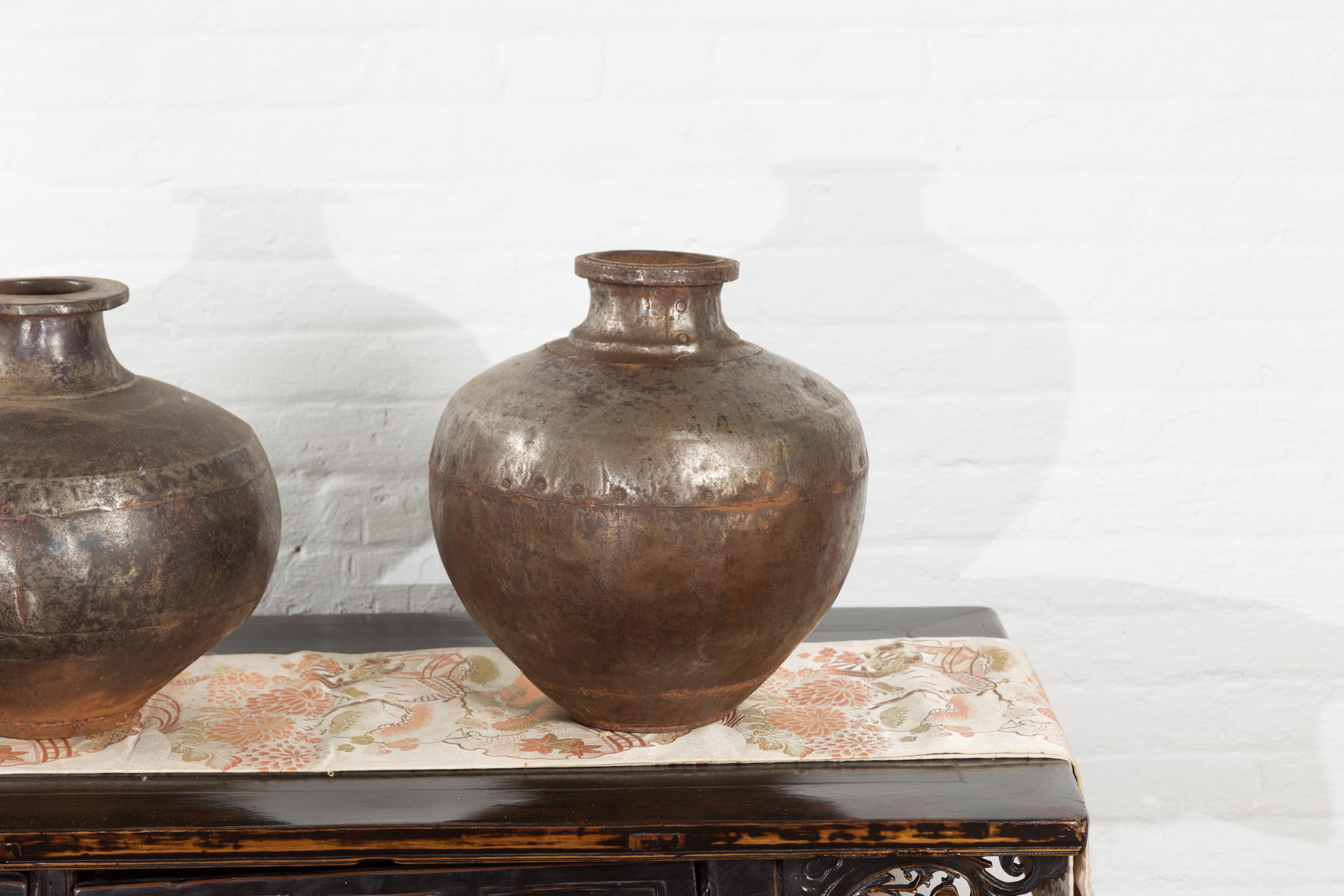 Set of Three Vintage Indian Metal Vessels with Weathered Patina For Sale 2