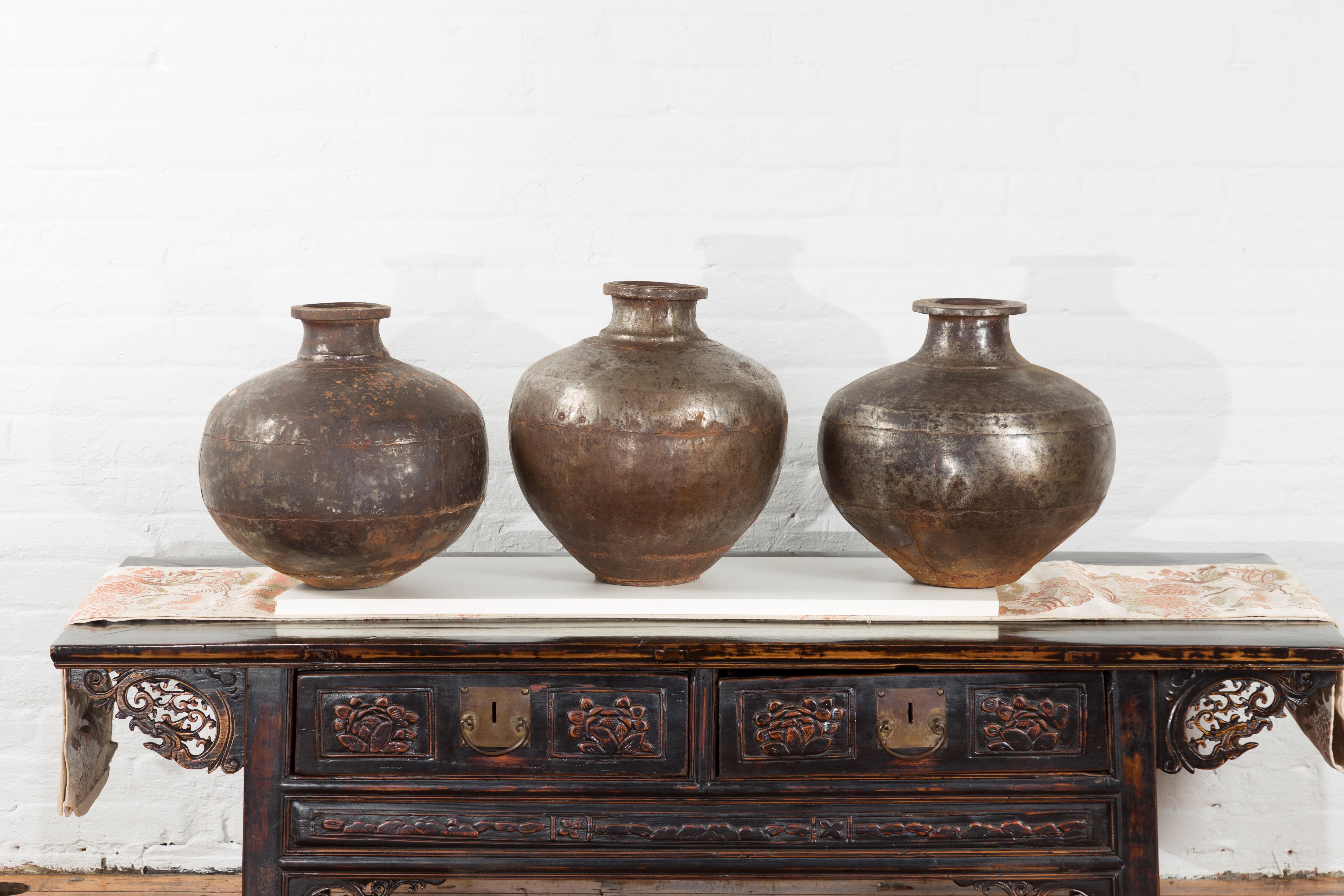 Set of Three Vintage Indian Metal Vessels with Weathered Patina For Sale 3