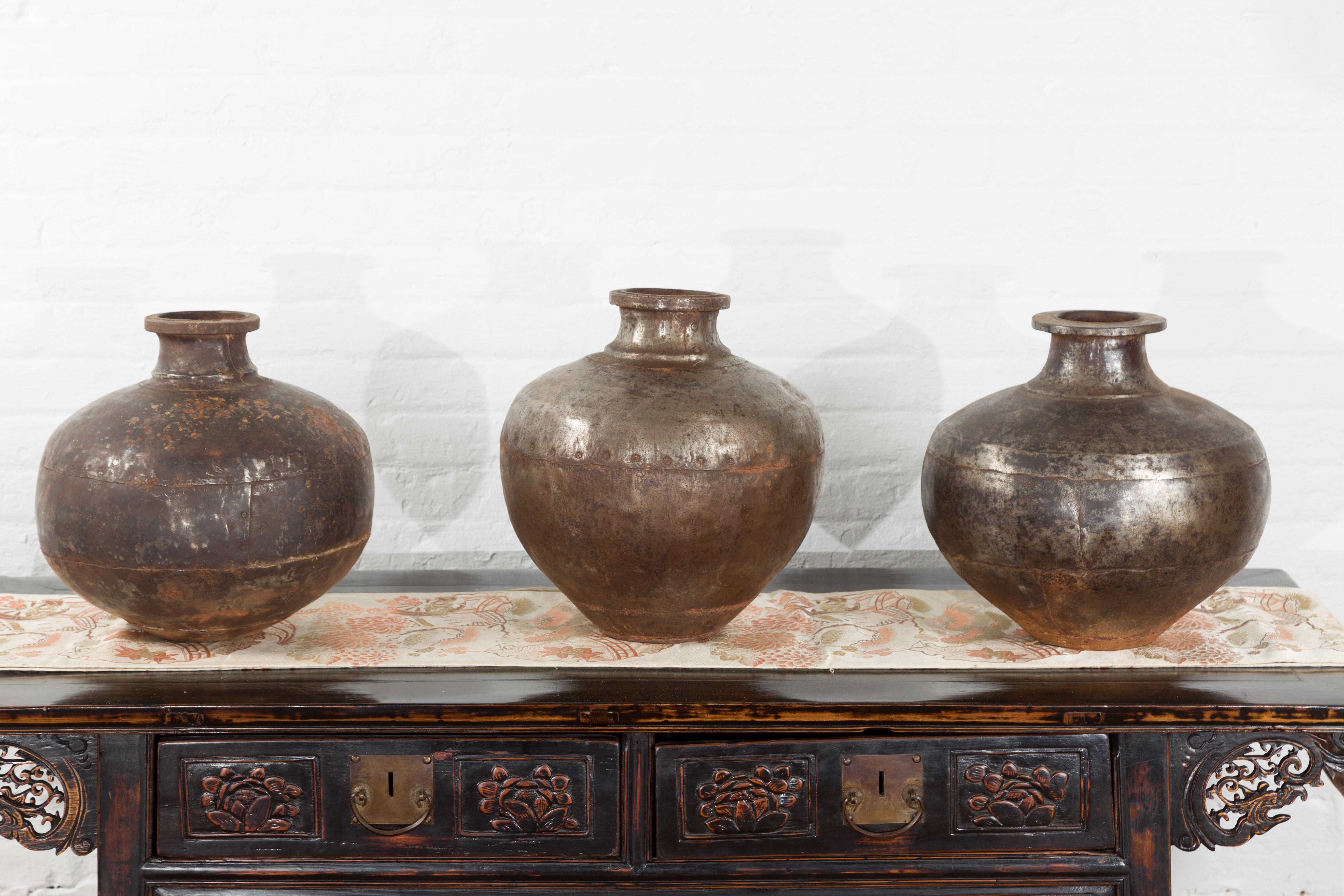 Set of Three Vintage Indian Metal Vessels with Weathered Patina For Sale 4
