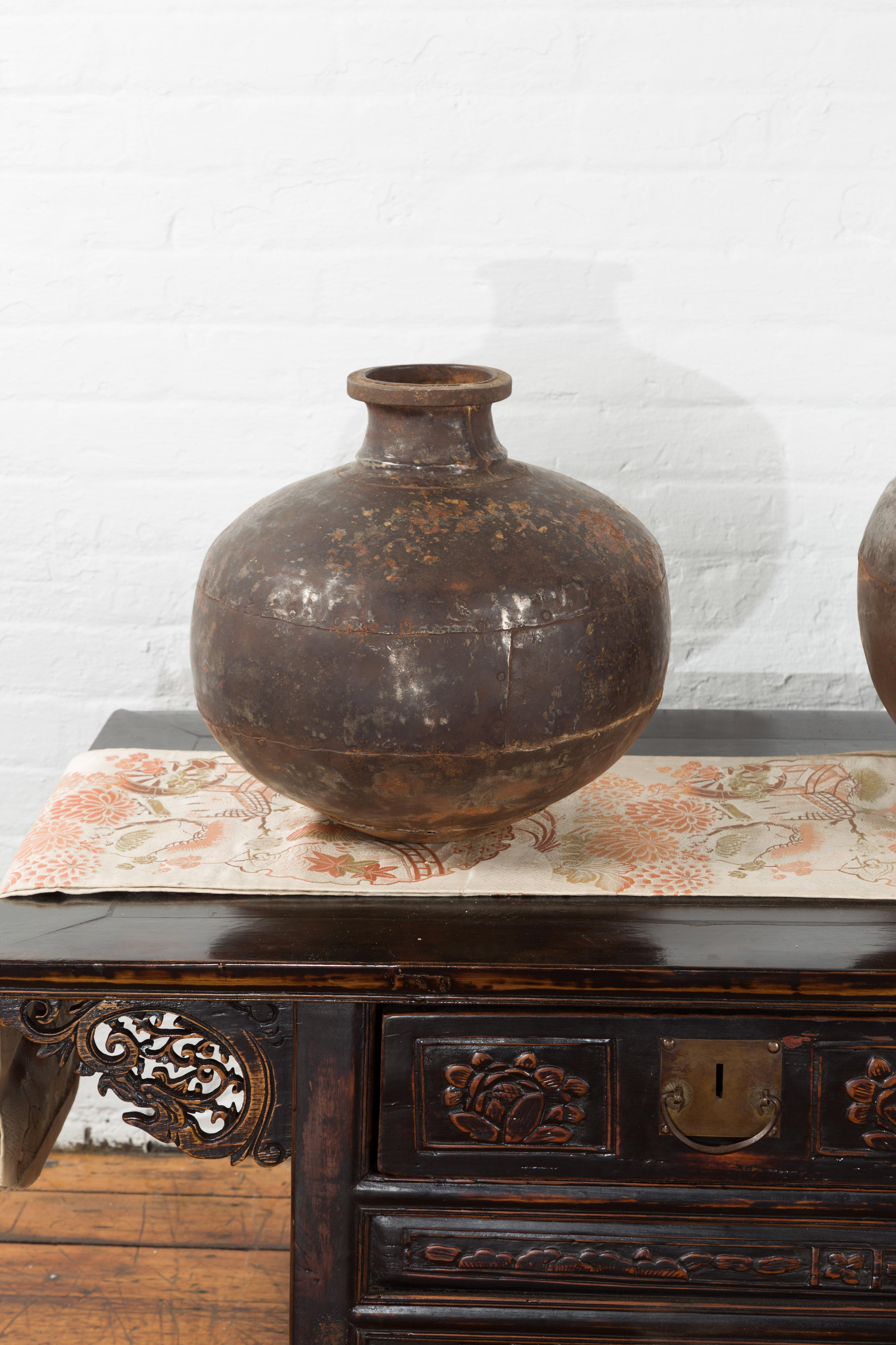 Set of Three Vintage Indian Metal Vessels with Weathered Patina For Sale 5
