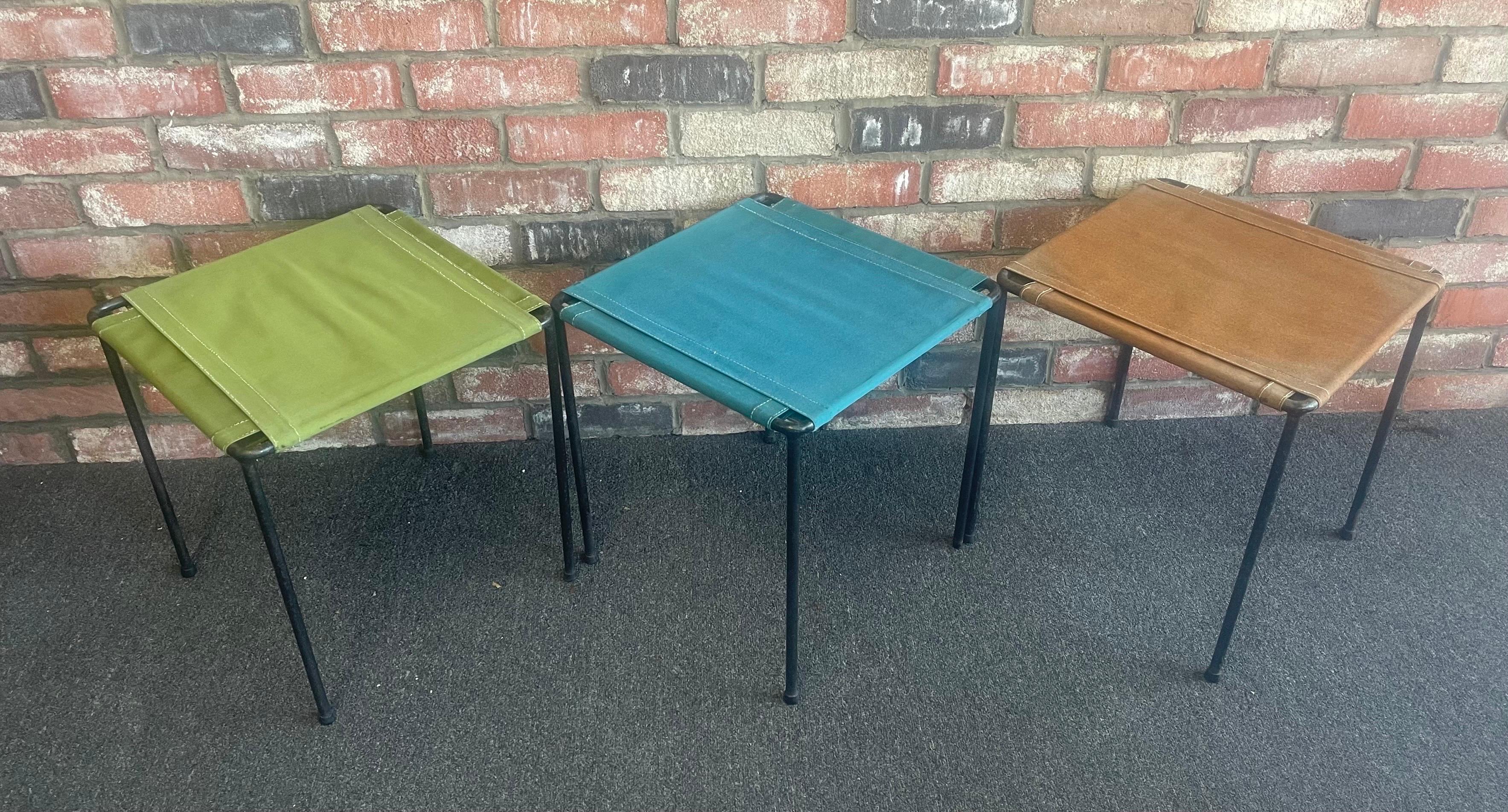 Set of Three Vintage Iron and Canvas Side Tables / Stools For Sale 12