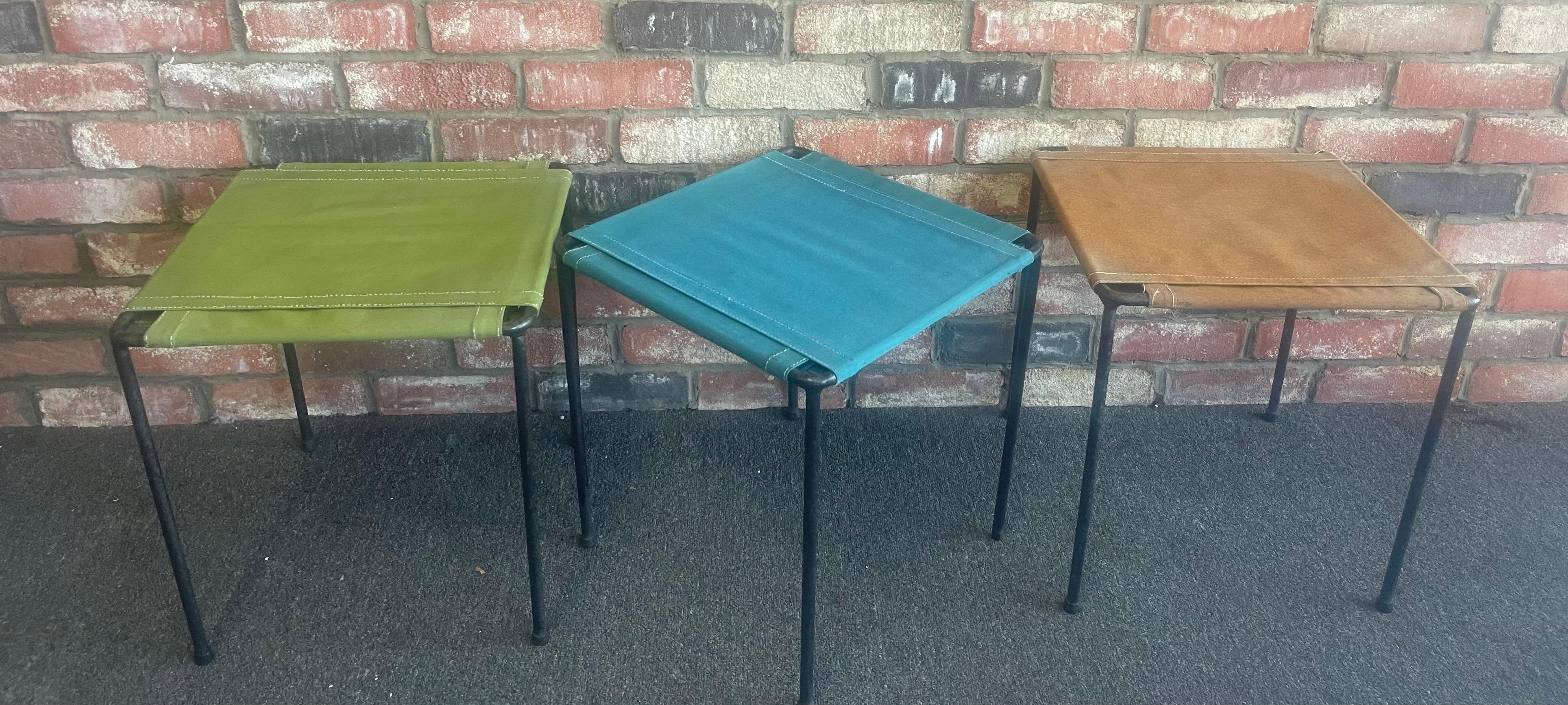 Mid-Century Modern Set of Three Vintage Iron and Canvas Side Tables / Stools For Sale