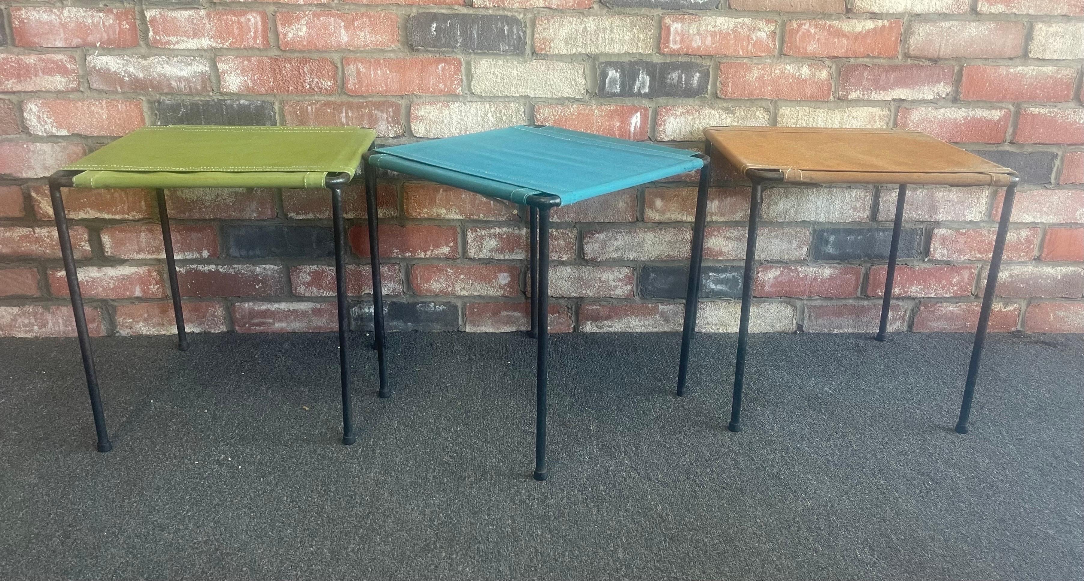 American Set of Three Vintage Iron and Canvas Side Tables / Stools For Sale