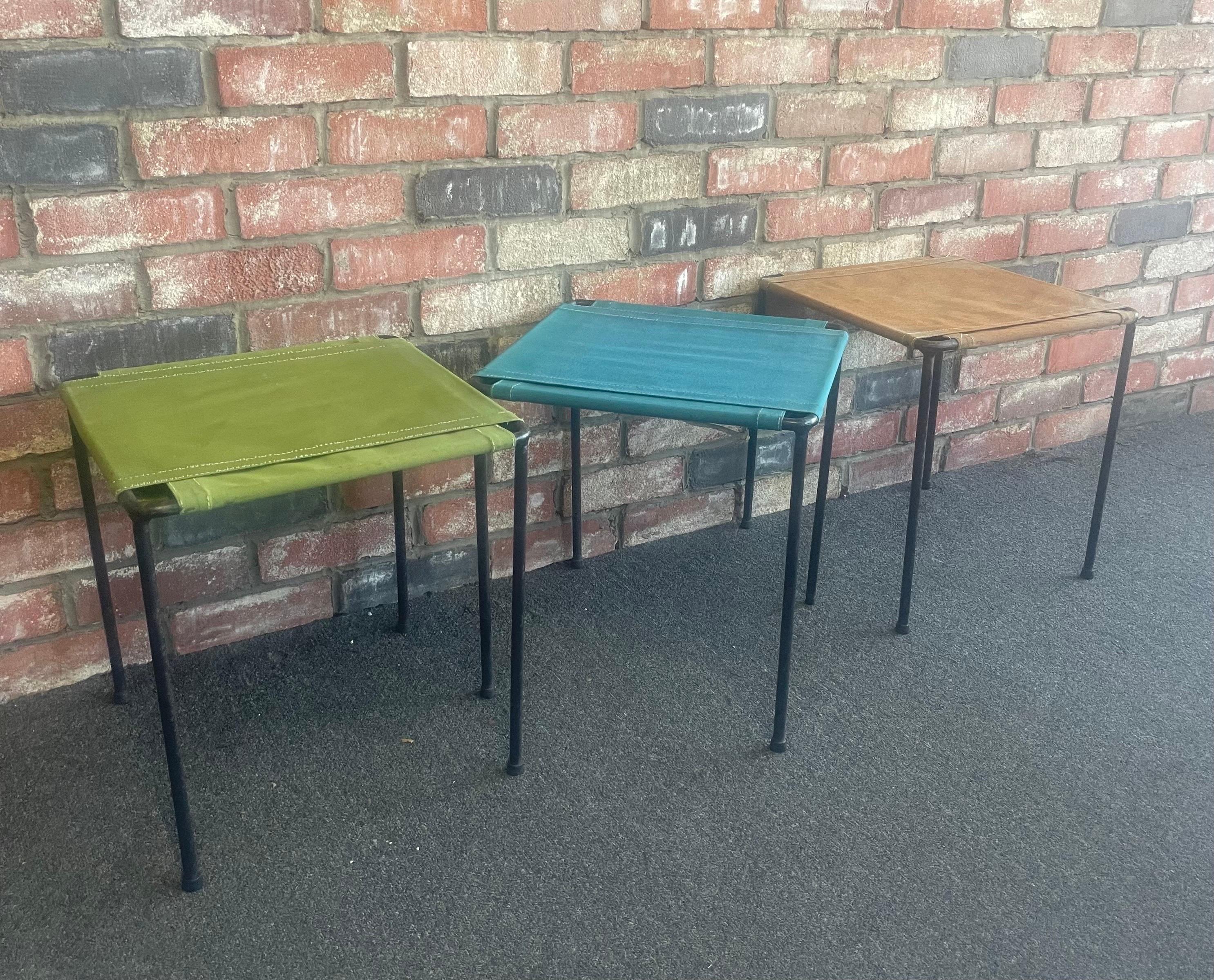 Set of Three Vintage Iron and Canvas Side Tables / Stools In Fair Condition For Sale In San Diego, CA