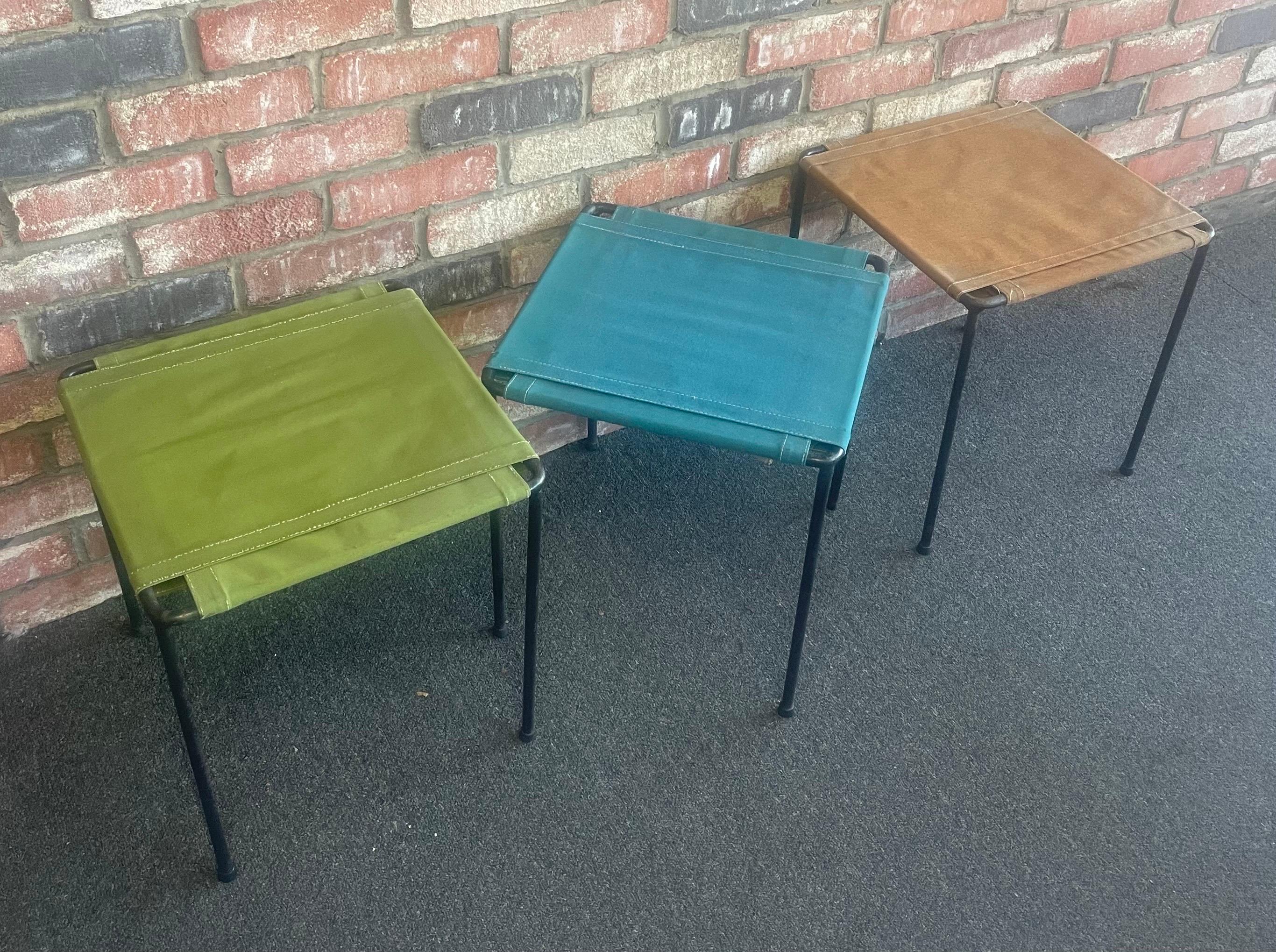 20th Century Set of Three Vintage Iron and Canvas Side Tables / Stools For Sale