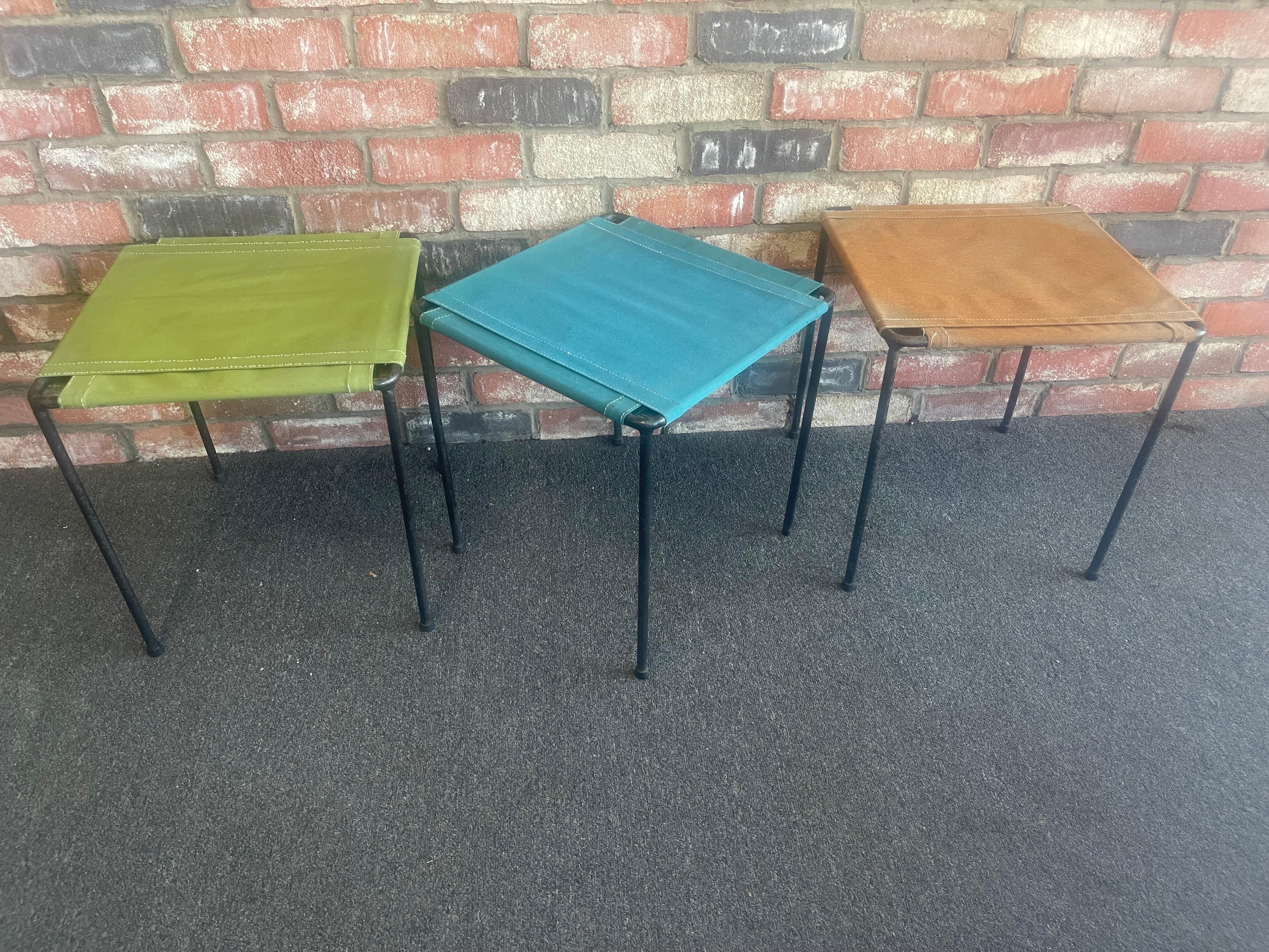 Set of Three Vintage Iron and Canvas Side Tables / Stools For Sale 1