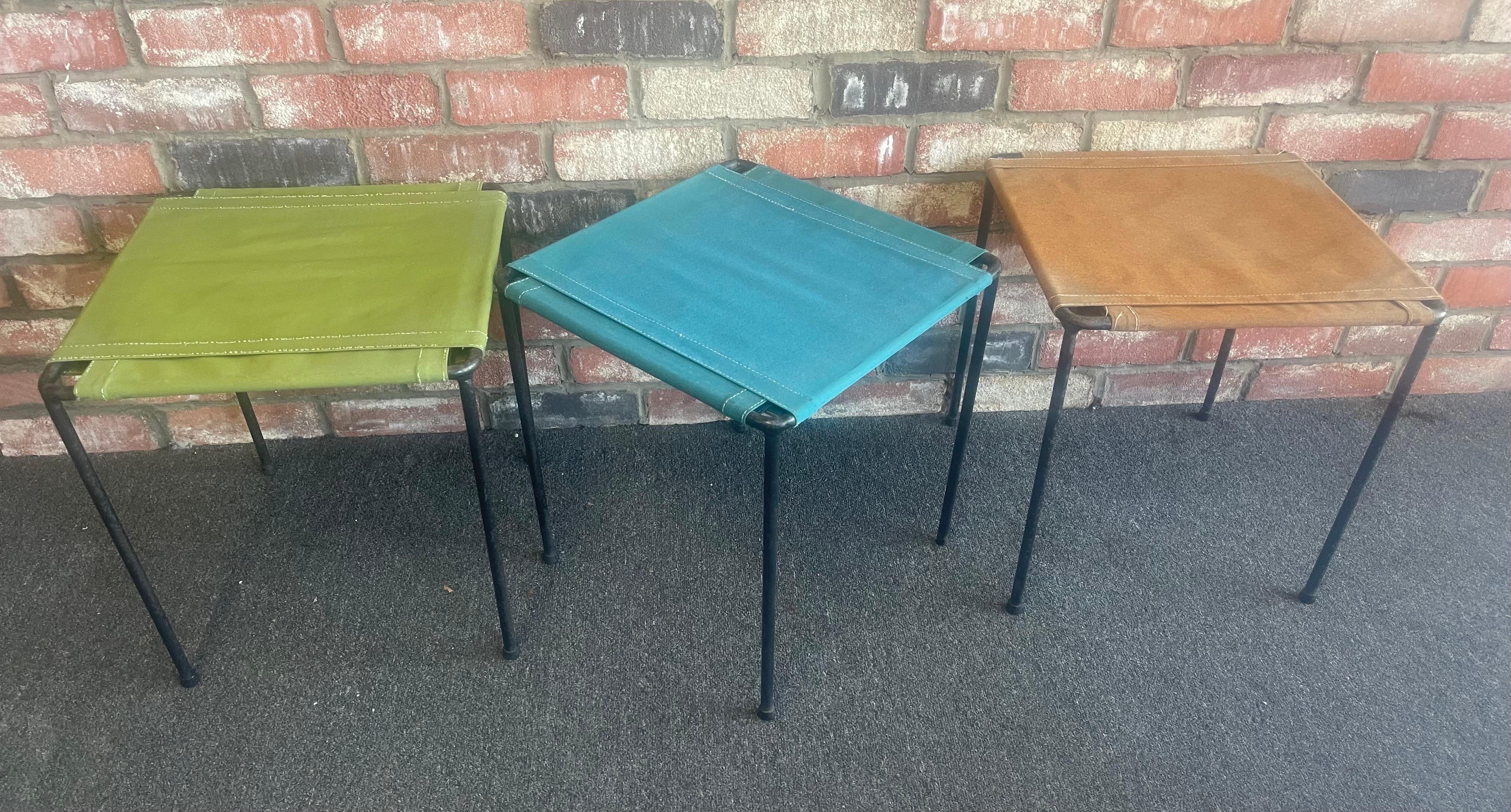 Set of Three Vintage Iron and Canvas Side Tables / Stools For Sale 2