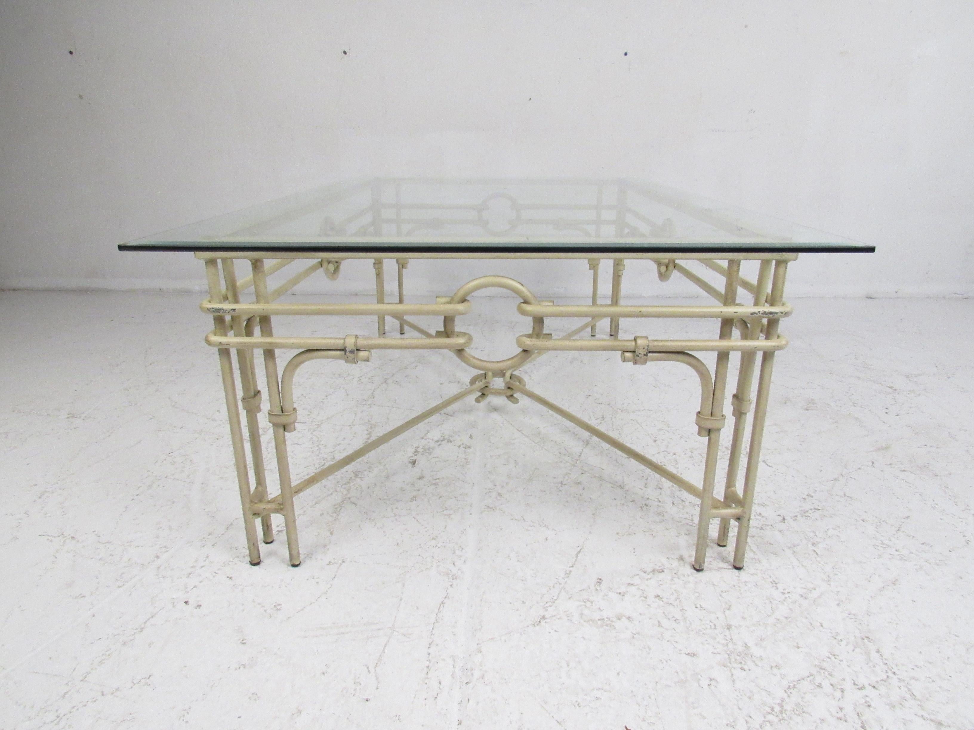 Glass Set of Three Vintage Iron Frame Tables