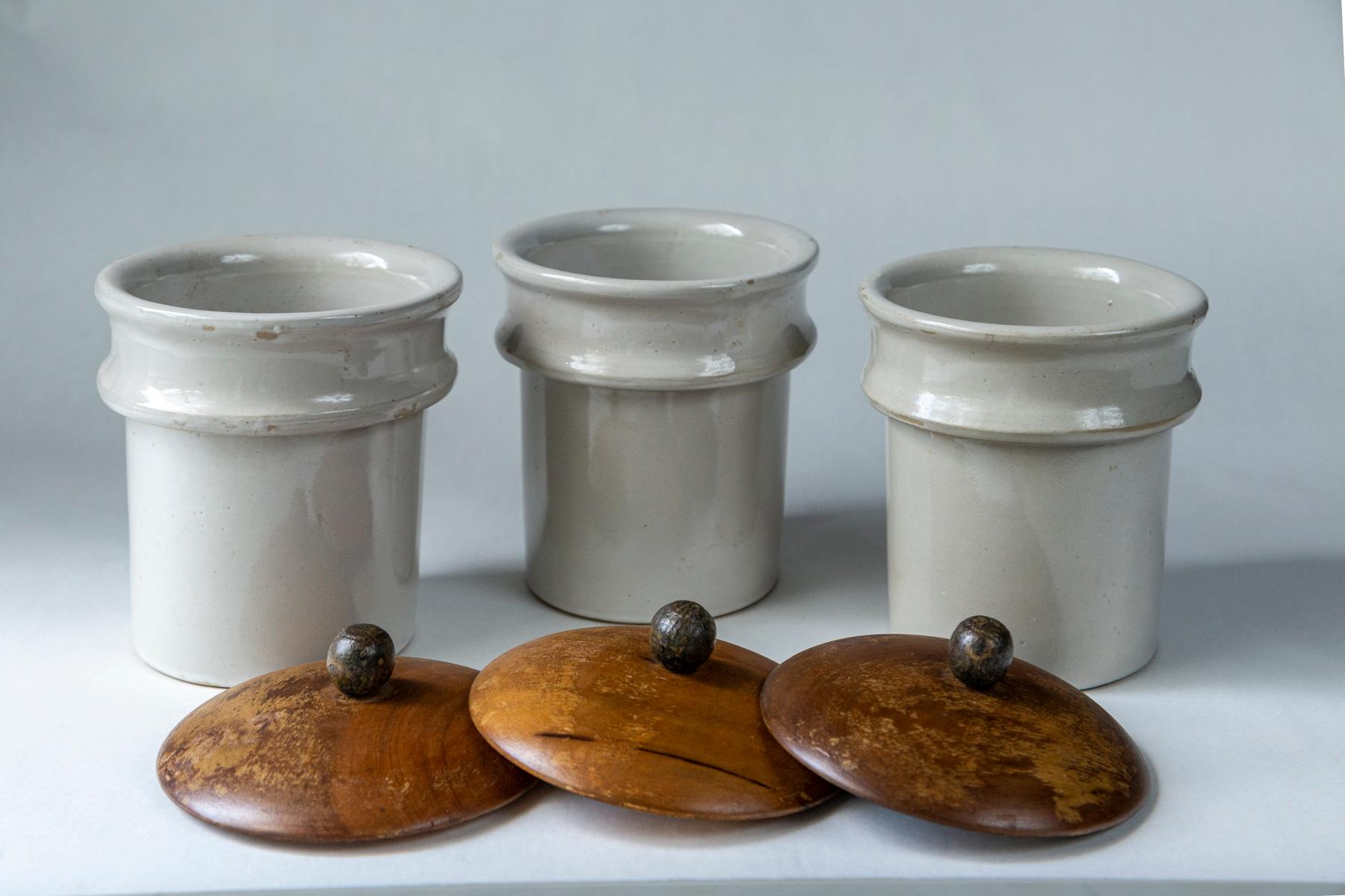 French Set of Three Vintage Ironstone Apothecary Jars, France, circa 1930