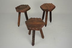Set of Three Vintage Italian Brutalist Wooden Stools, 1960s