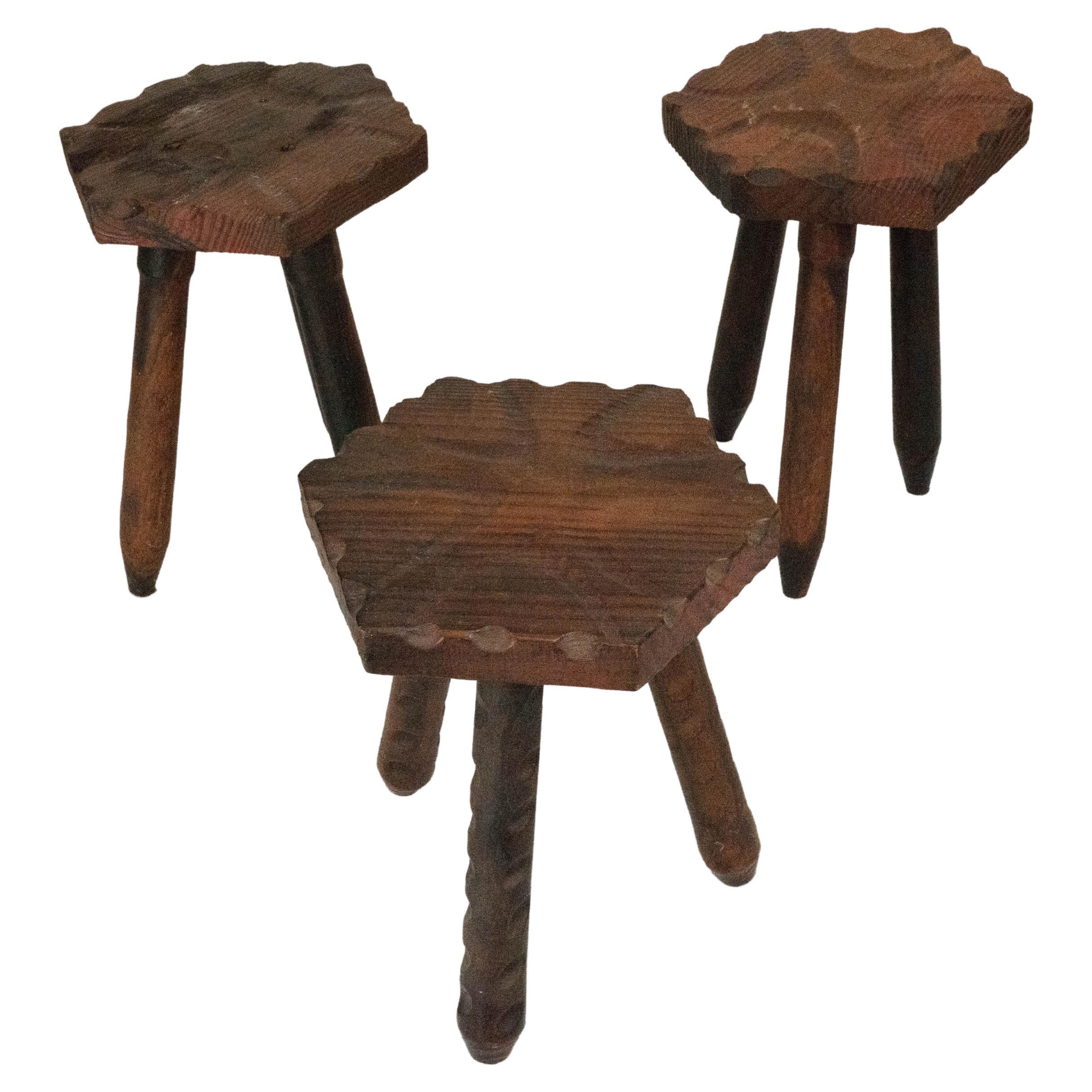 Set of Three Vintage Italian Brutalist Wooden Stools, 1960s