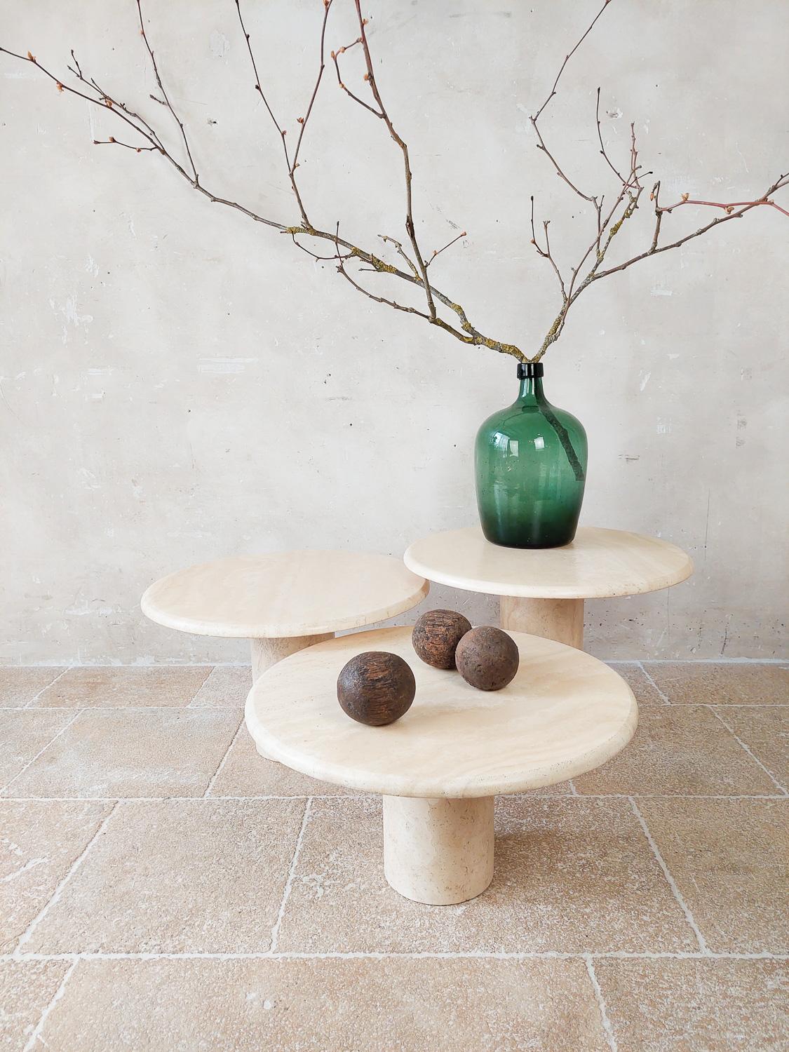 Mid-Century Modern Set of Three Vintage Italian Round Travertine Coffee Tables, 1970s